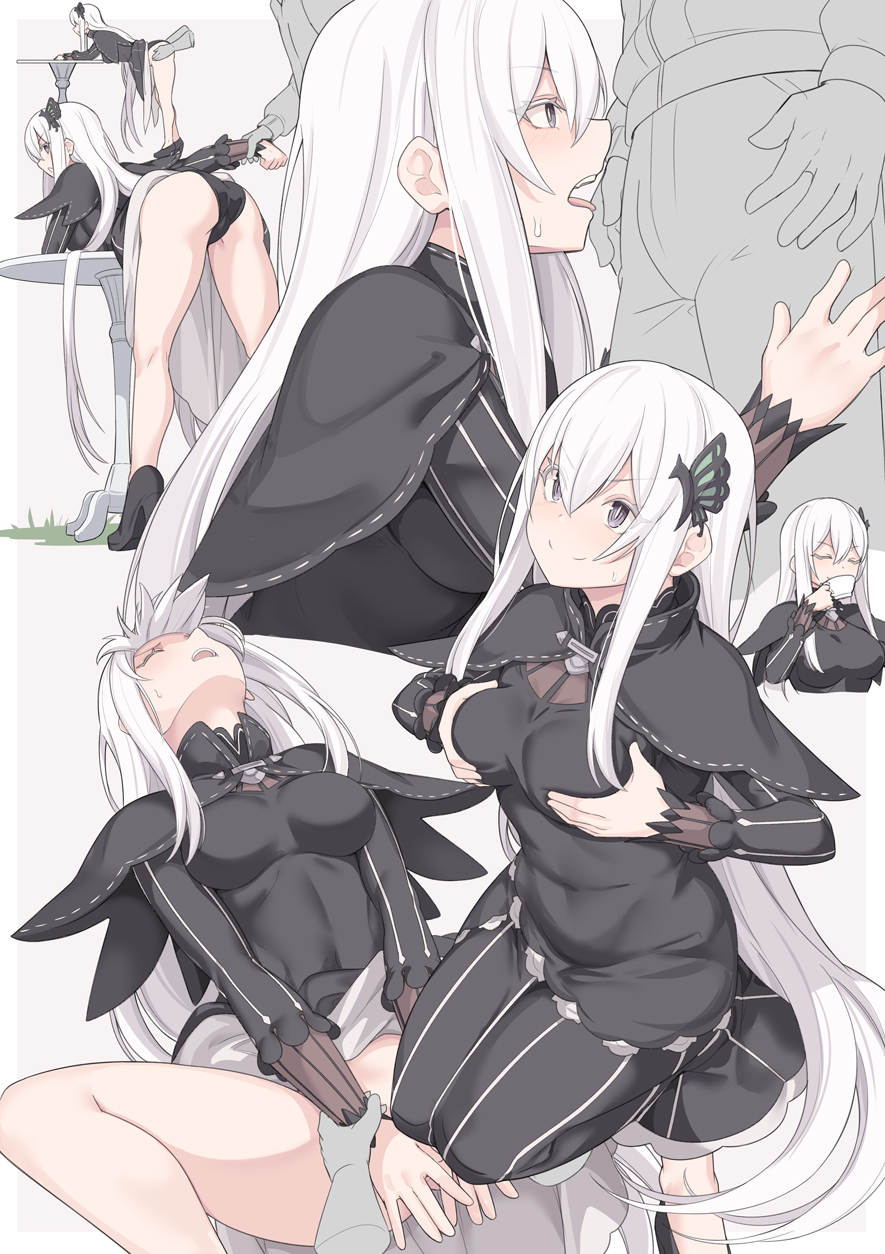 1boy 1girls ass bent_over big_breasts black_dress breast_grab breasts busty butterfly_hair_ornament covered_navel cup dress echidna_(re:zero) female from_behind_position grabbing_own_breast grey_eyes hair_between_eyes hair_ornament highres holding holding_cup implied_cunnilingus long_hair missionary_position multiple_views open_mouth re:zero_kara_hajimeru_isekai_seikatsu self_fondle shiseki_hirame sideboob standing_sex straight tiptoes voluptuous white_hair