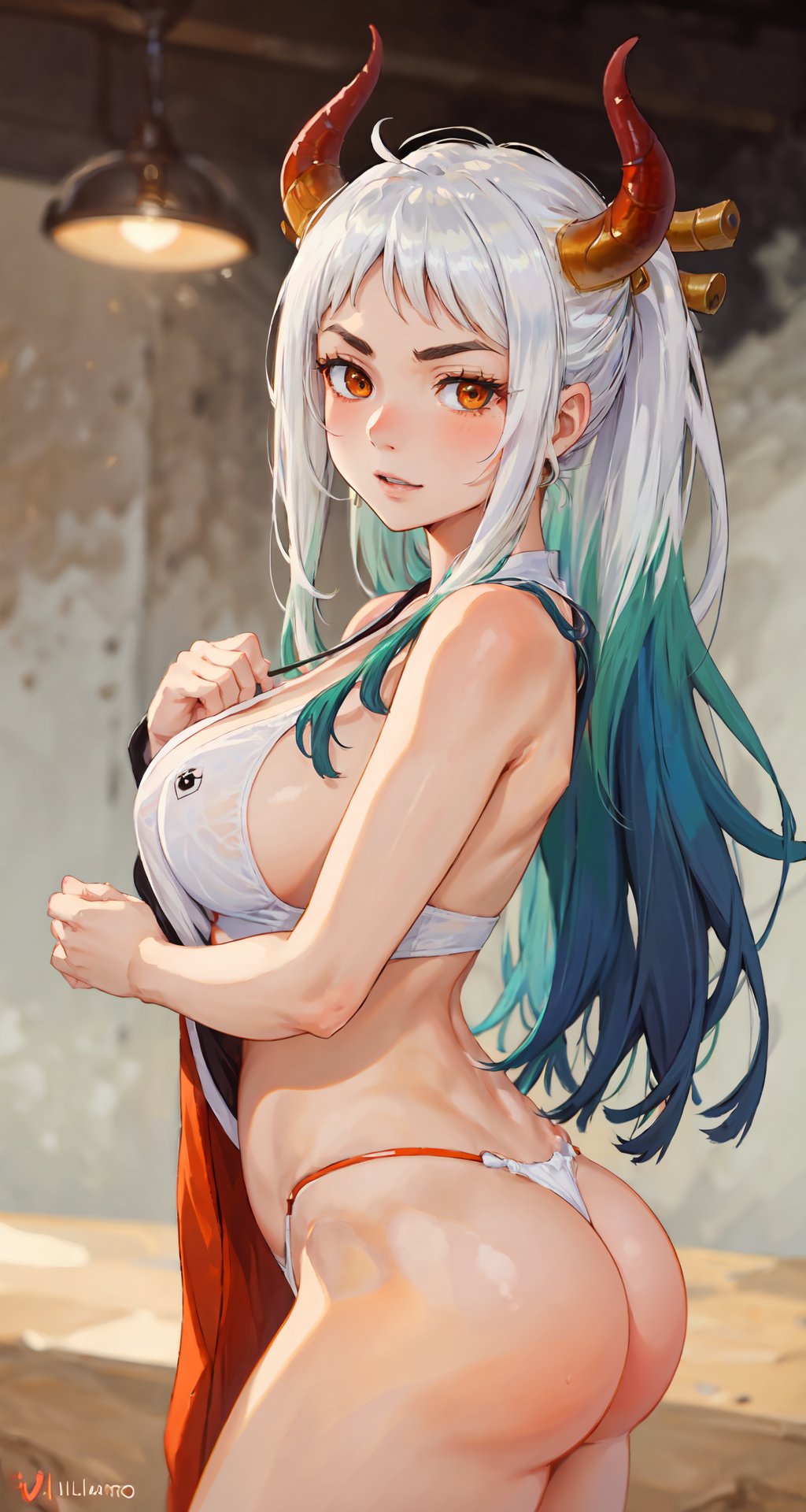 1girls, ai generated, artist name, artist request, breasts, female, female focus, female only, horns, huge breasts, long hair, one piece, stable diffusion, voluptuous, voluptuous female, yamato (one piece)