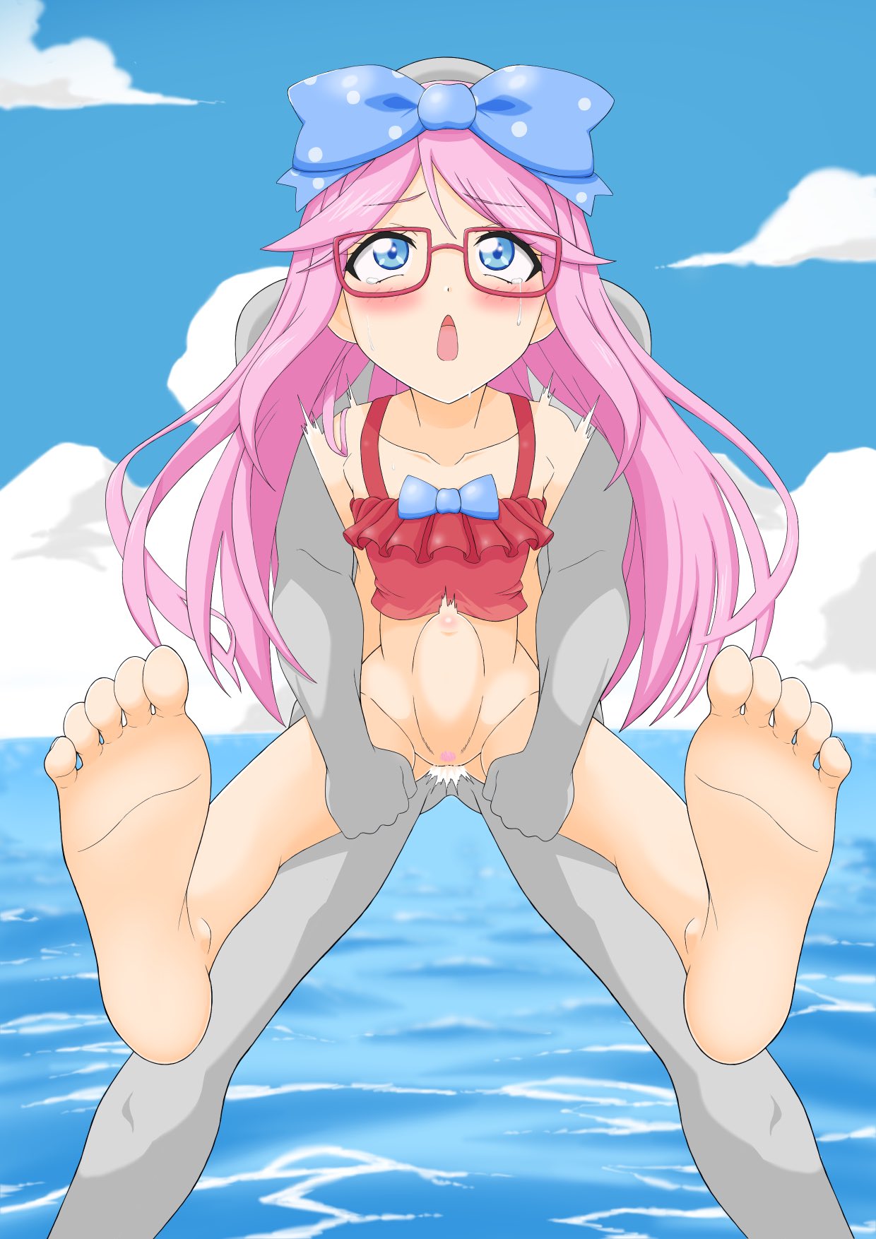 1boy bikini blue_bow blue_eyes blush bow clothed_female_nude_male feet female female_penetrated glasses jewelpet jewelpet_(series) jewelpet_magical_change lifted_by_another long_hair luna_(jewelpet) male/female male_penetrating male_penetrating_female nude pink_hair pubic_hair red_bikini sanrio sex stomach_bulge straight swimsuit vaginal_penetration water