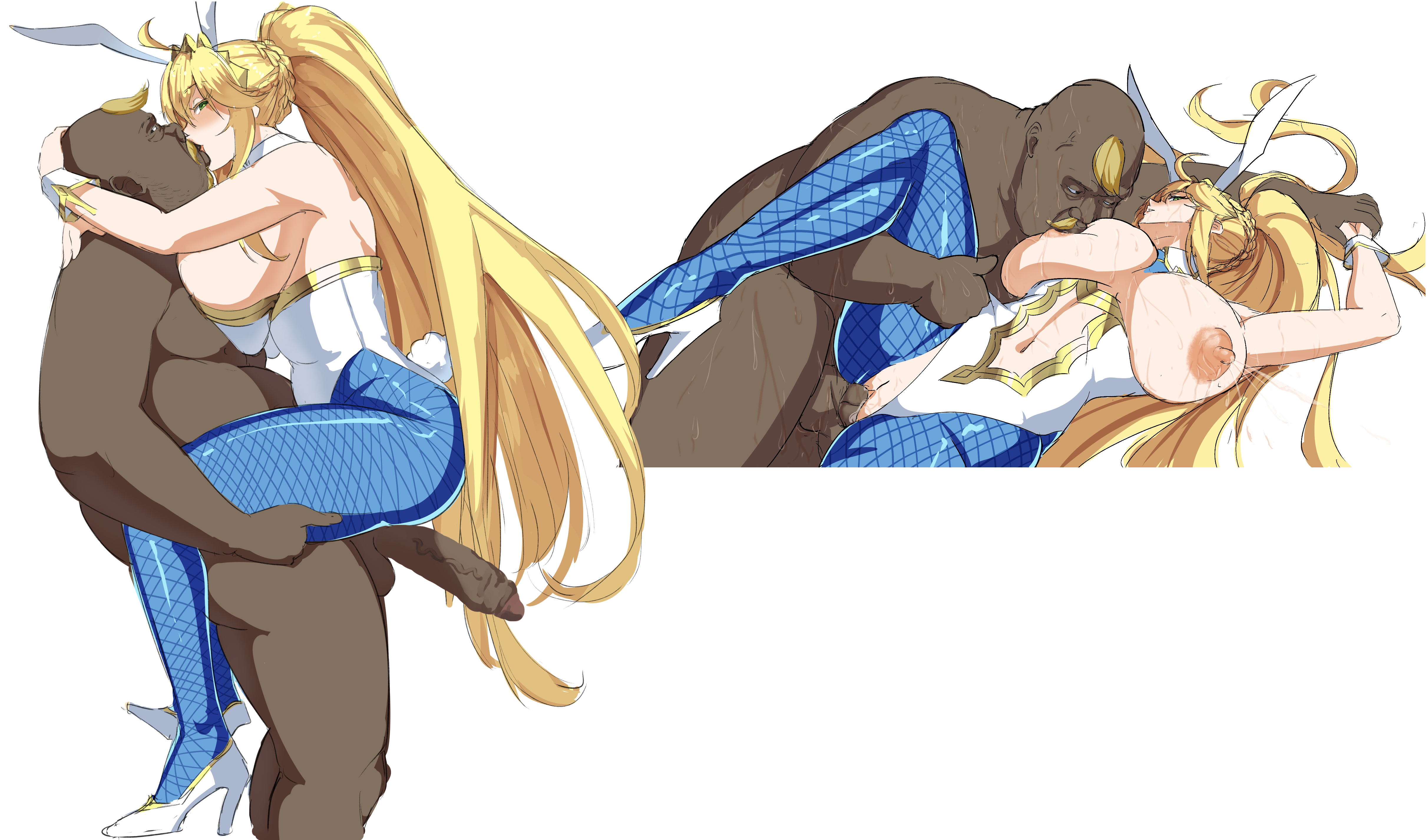 1boy, 1girls, artoria pendragon, artoria pendragon (lancer), artoria pendragon (swimsuit ruler), blonde hair, breast sucking, breasts, bunny girl, bunnysuit, dark skin, dark-skinned male, fate (series), fate/grand order, female, fishnets, green eyes, heels, huge breasts, huge cock, kissing, lactating, lactation, looking at viewer, male, penis, ponytail, pussy, sex, vaginal penetration, vaginal sex