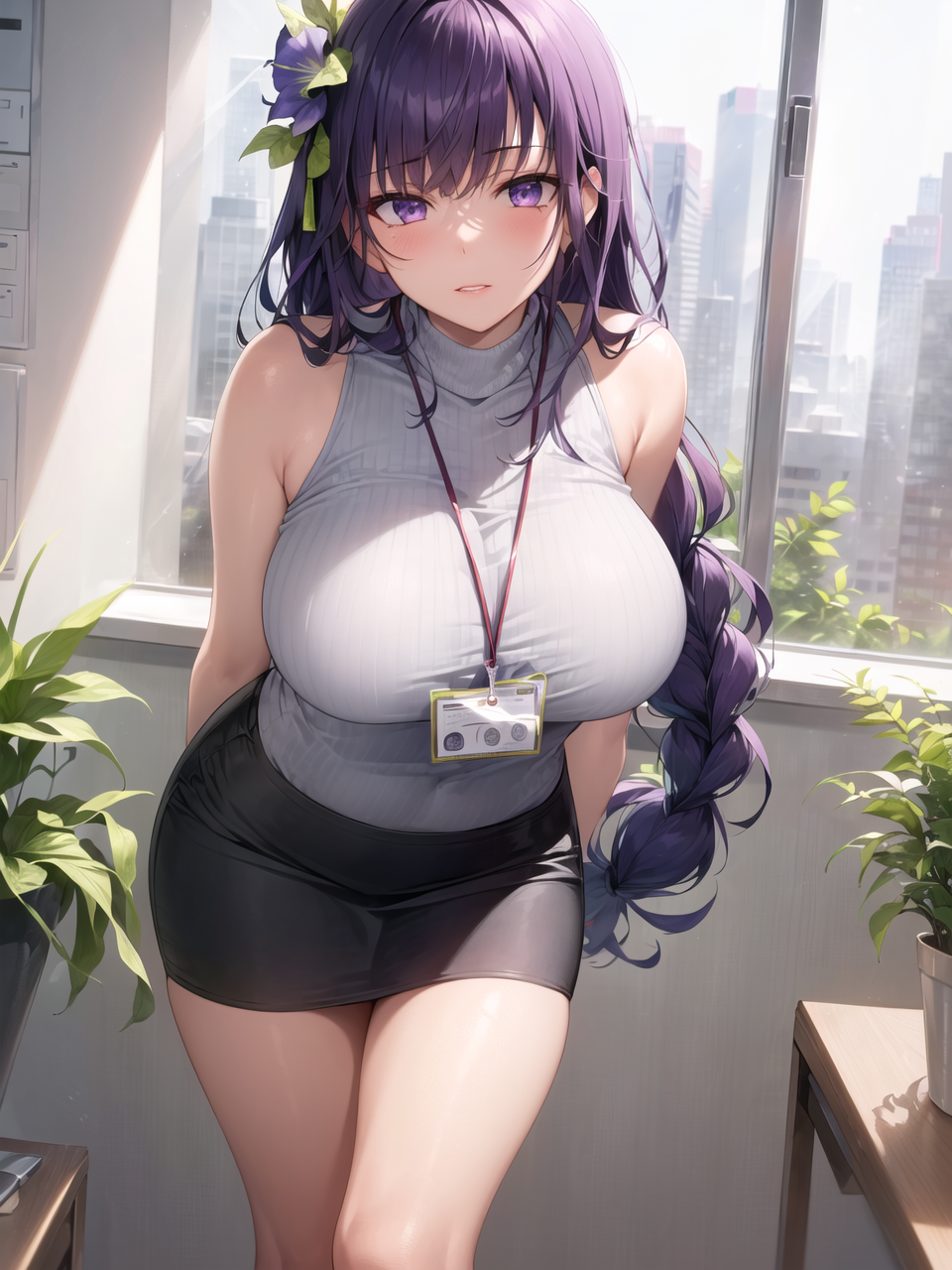 1girls ai_generated apel blush breasts female genshin_impact hips huge_breasts jordan53 long_hair looking_at_viewer naughty_face office_lady ondoors purple_eyes purple_hair raiden_shogun slim_waist stable_diffusion thick_thighs thighs wide_hips