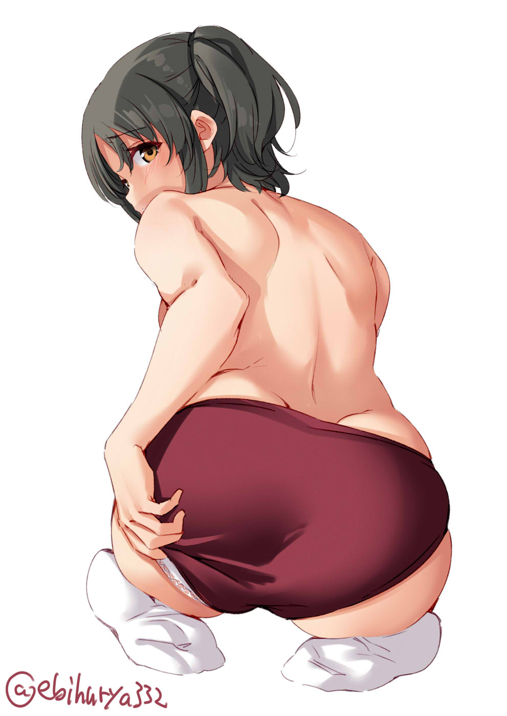 1girls ass ass_grab back black_hair blush breasts brown_eyes buruma dark_grey_hair ebifurya female from_behind highres kantai_collection looking_at_viewer looking_back nagara_(kantai_collection) one-hour_drawing_challenge one_side_up panties red_buruma shy side_ponytail simple_background socks solo topless twitter_username underwear white_background white_panties white_socks yellow_eyes