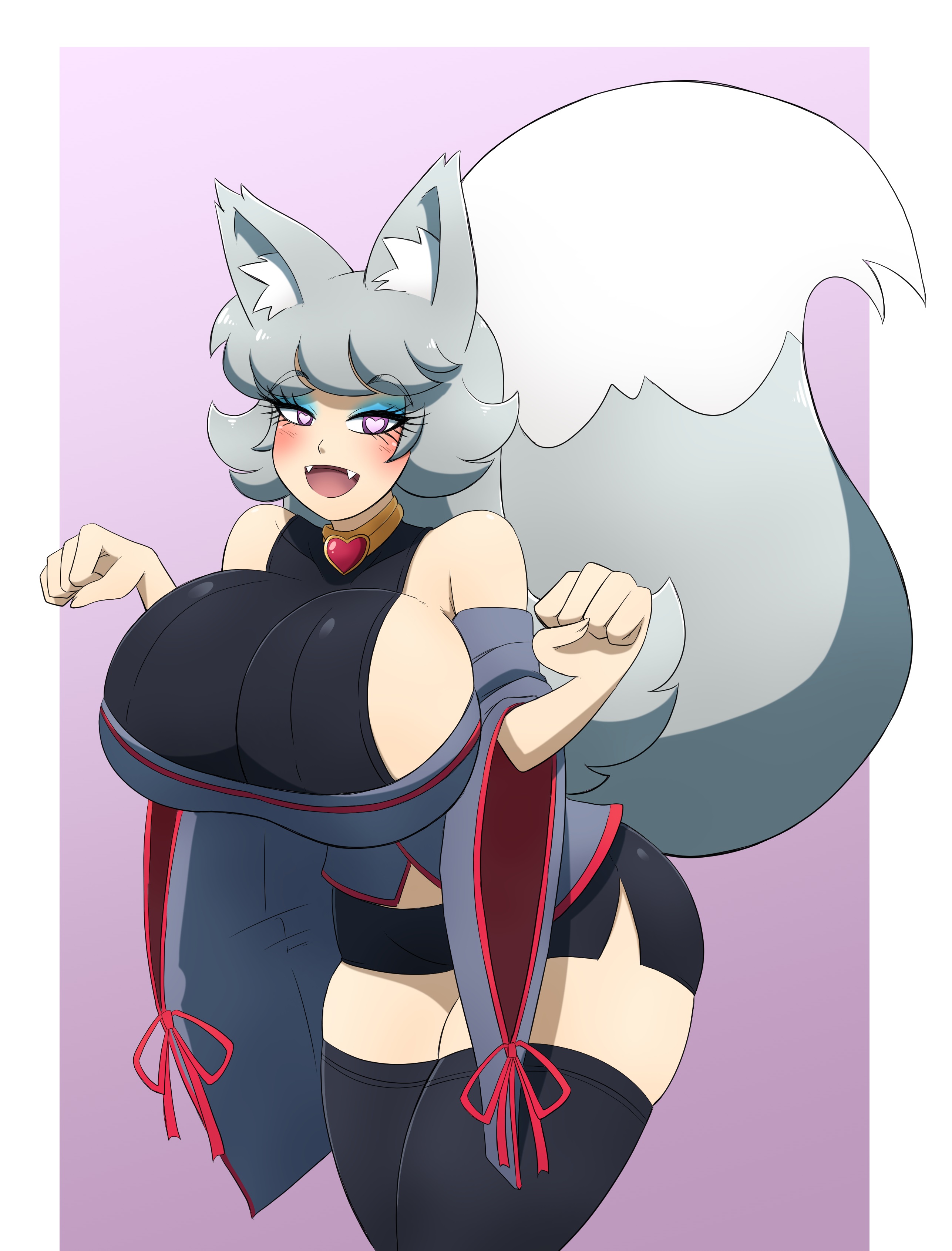 ass, breasts, collar, emie (kobi), fangs, female, fox girl, heart-shaped pupils, hi res, huge breasts, kemonomimi, kobi-tfs, large ass, large tail, mind control, purple eyes, silver hair, thick thighs, thighhighs, wide hips