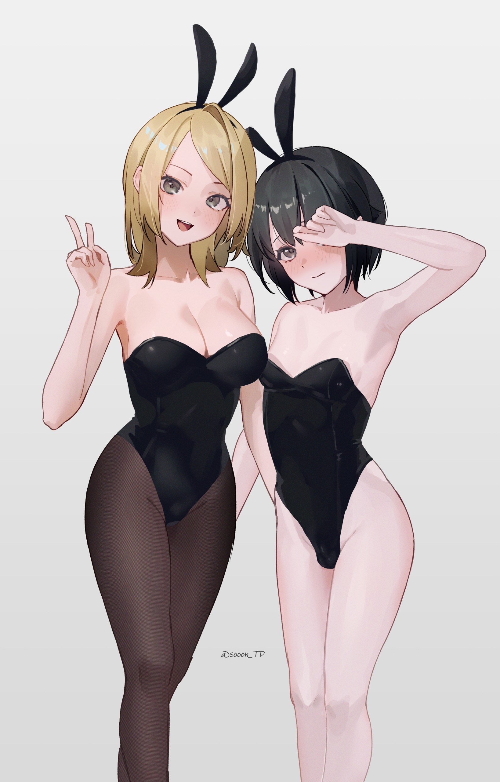 1boy, 1girls, 2022, absurd res, animal ears, arm up, armpits, artist name, black eyes, black hair, black hairband, black leotard, blonde hair, blush, breasts, bulge, bunny boy, bunny ears, bunny girl, bunnysuit, cleavage, clothing, covering, covering face, crossdressing, embarrassed, fake animal ears, female, femboy, green eyes, grey background, hairband, head tilt, highres, large breasts, leotard, looking at viewer, male, matching hair/eyes, open mouth, original, pantyhose, short hair, signature, simple background, smaller male, sooon, standing, strapless, strapless leotard, teeth, thighs, tongue, trap, twitter username, v