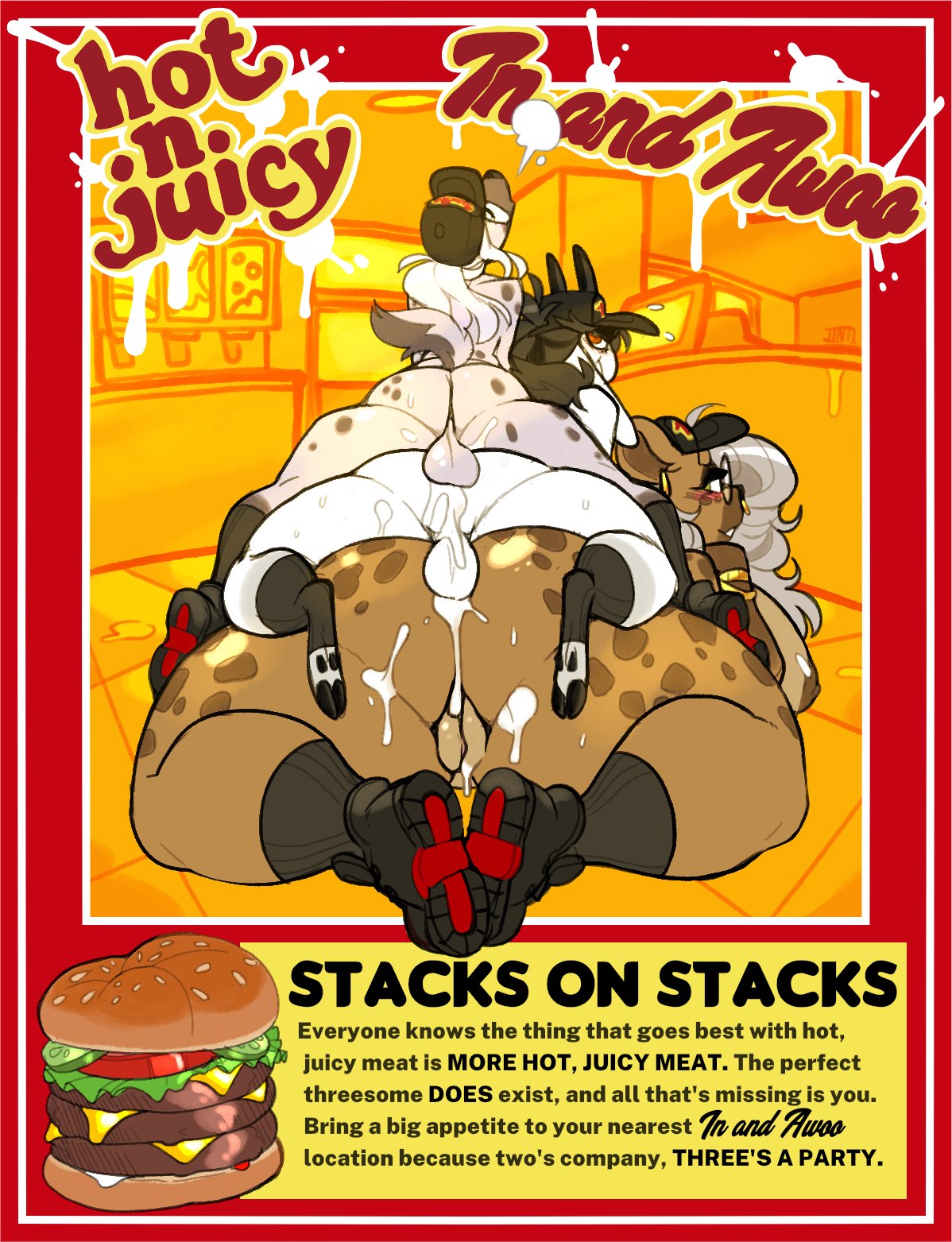 advertisement anal anthro ass backsack balls big_butt black_hair bodily_fluids bovid breath brown_body brown_fur burger canid canine canis caprine clothing cum cum_drip cum_in_ass cum_inside dog_tail domestic_dog dripping ejaculation english_text exhaling eyewear fast_food fast_food_(food) fast_food_employee fast_food_restaurant fast_food_uniform female food footwear footwear_only fur genital_fluids genitals goat grey_hair group gynomorph hair headgear headgear_only headwear headwear_only hi_res hooves hyena in-and-awoo inside intersex intersex/male jinti jinti_(artist) love_train male male/male mammal markings mostly_nude multicolored_body shoes silver_(ezukapizumu) silver_hair sneakers socks spots spotted_markings sweat sweatdrop text toeless_footwear toeless_socks trio white_body white_fur white_hair