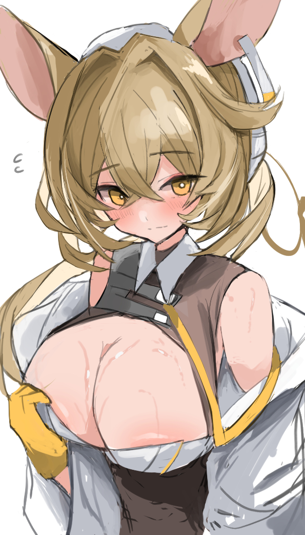 arknights barely_visible_nipples big_breasts blonde_hair blush clothed dorothy_(arknights) pulling_clothing rat_ears sweat sweaty sweaty_body sweaty_breasts yellow_eyes