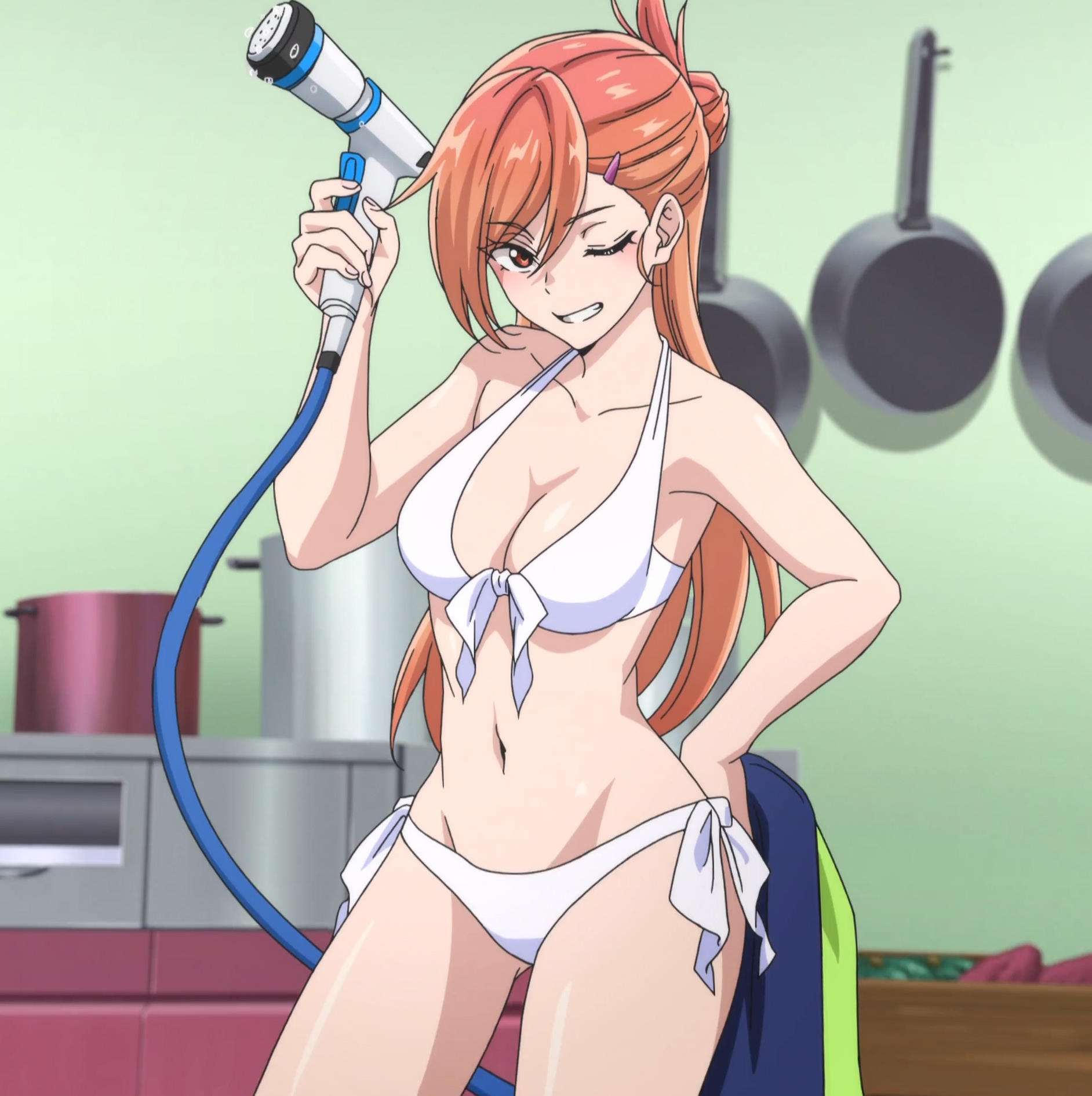 1girls, 2023, accurate art style, bikini, breasts, female, holding object, kaminaki sekai no kamisama katsudou, long hair, official art, orange eyes, orange hair, screencap, shiruriru, stitched, studio palette, thick thighs, thighs, tummy, white bikini