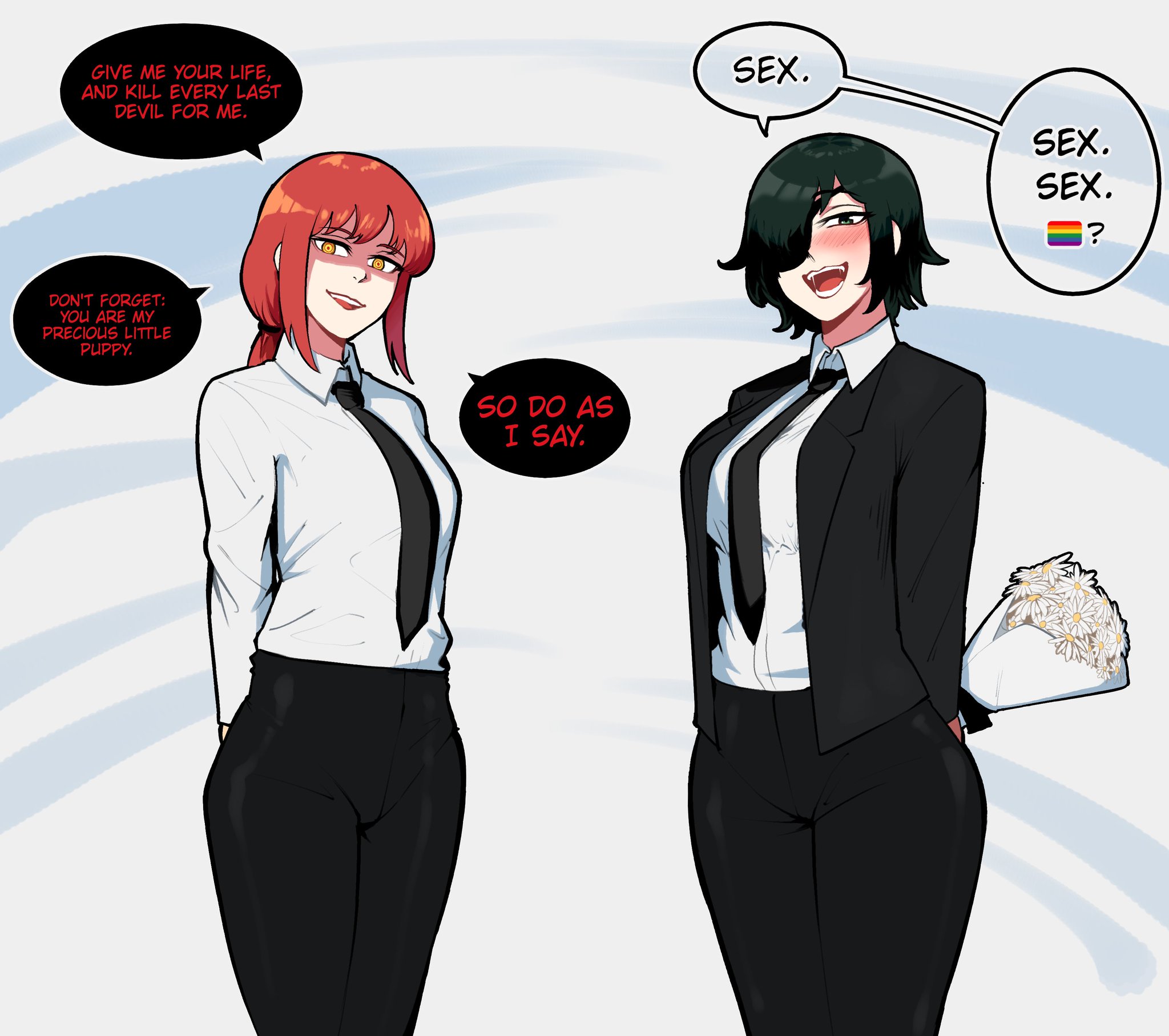 2023, 2d, 2d (artwork), 2girls, black necktie, black pants, blush, business suit, chainsaw man, clothed, clothed female, dark hair, dominant female, english dialogue, english text, eyepatch, female, female only, femdom, flower bouquet, hentaly, himeno (chainsaw man), horny female, humanoid, humor, imminent yuri, inviting to sex, lgbt pride colors, looking at viewer, makima (chainsaw man), necktie, no sex, pov, red hair, sfw, smile, speech bubble, standing, take your pick, talking to viewer, text, white shirt, yellow eyes, yuri