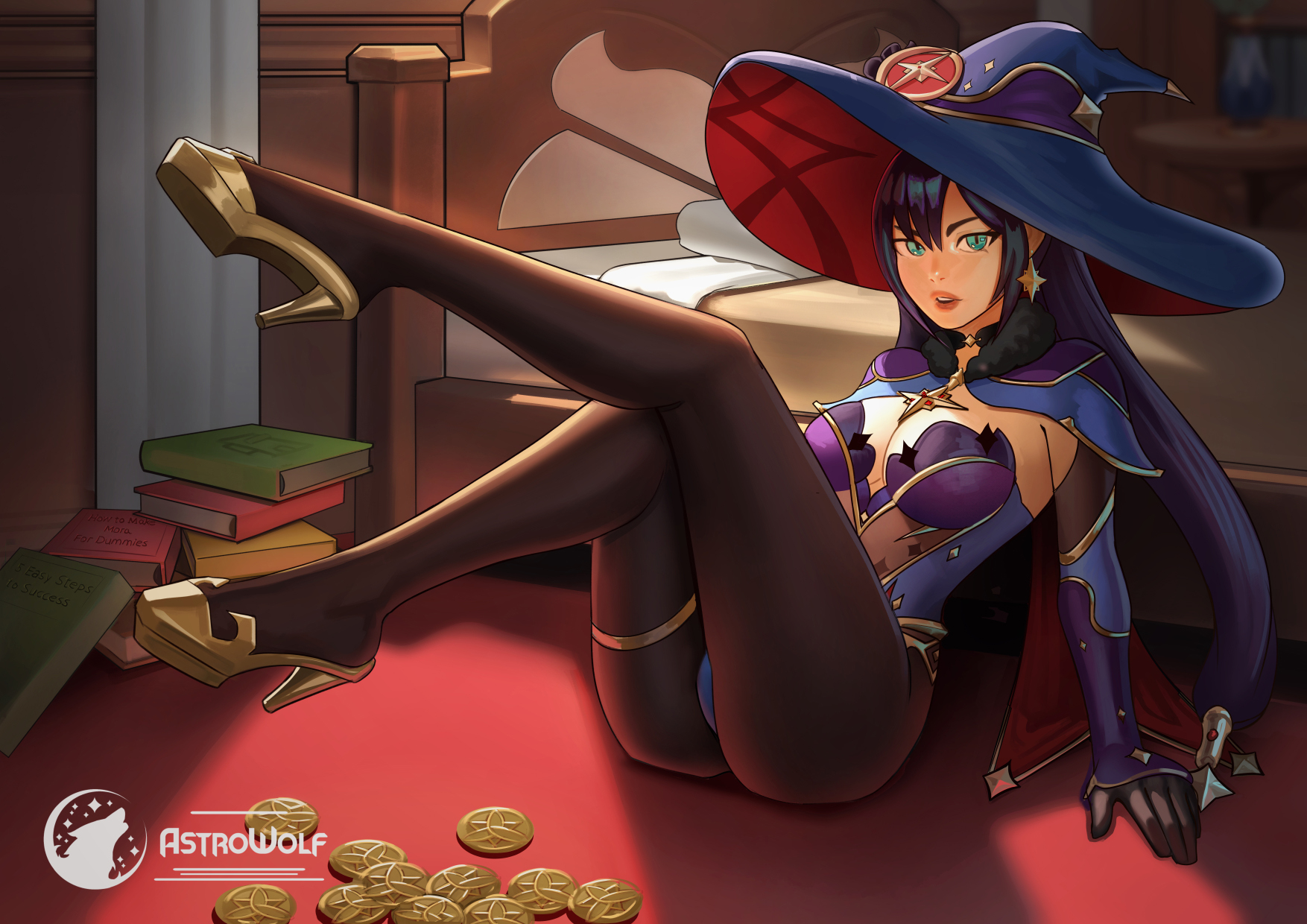 ass, ass focus, astrowolf, big breasts, blue eyes, breasts, female, genshin impact, high heels, mona (genshin impact), purple hair, pussy, showing ass, thick ass, thick thighs, thighs, tight clothing, tight pussy, tights