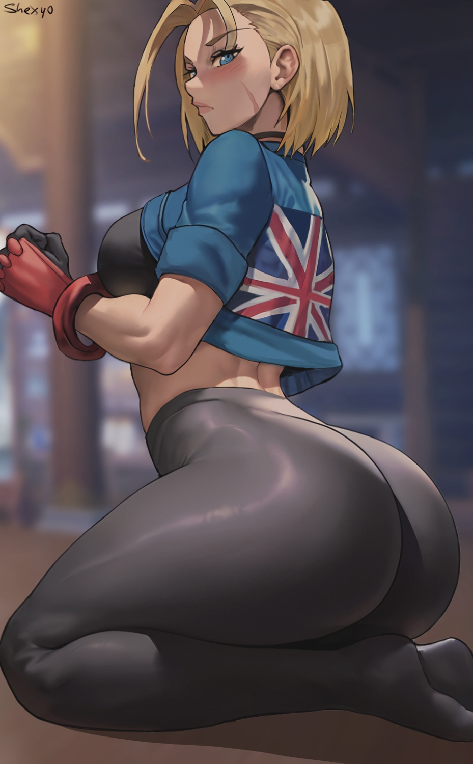 1girls, alternate version available, ass, big breasts, blonde hair, blue eyes, breasts, cammy white, capcom, curvaceous, female, female only, fully clothed, shexyo, short hair, solo, street fighter, street fighter 6, tight clothing