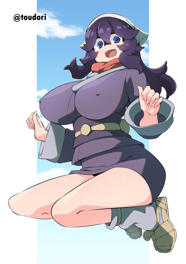 1girls akari_(pokemon)_(cosplay) alternate_breast_size big_breasts blue_eyes female female_focus female_only hex_maniac huge_breasts large_breasts light-skinned_female light_skin looking_at_viewer nipple_bulge pokemon pokemon_legends:_arceus purple_eyes purple_hair shorts solo solo_female solo_focus thighs toudori