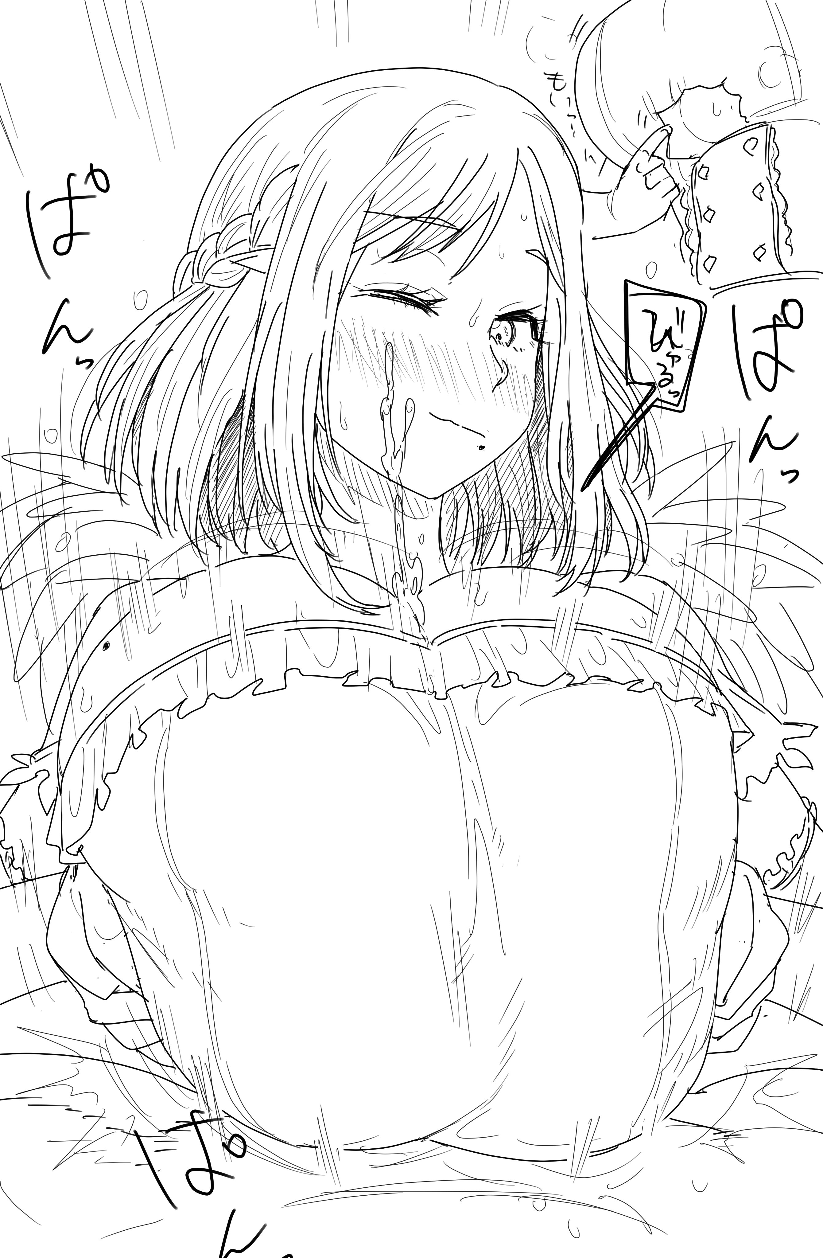 1boy, 1girls, alternate breast size, big breasts, blush, breast grab, breast hold, breasts, cleavage, cum, cum between breasts, ejaculation between breasts, engulfing paizuri, female, gigantic breasts, greyscale, happy, happy sex, huge breasts, japanese text, kaiman garupan, large breasts, male, moira (nijisanji), mole, mole under mouth, nijisanji, one eye closed, one-piece swimsuit, paizuri, paizuri lead by female, paizuri on lap, paizuri under clothes, pov, pov paizuri, smile, straight, sweat, text, virtual youtuber