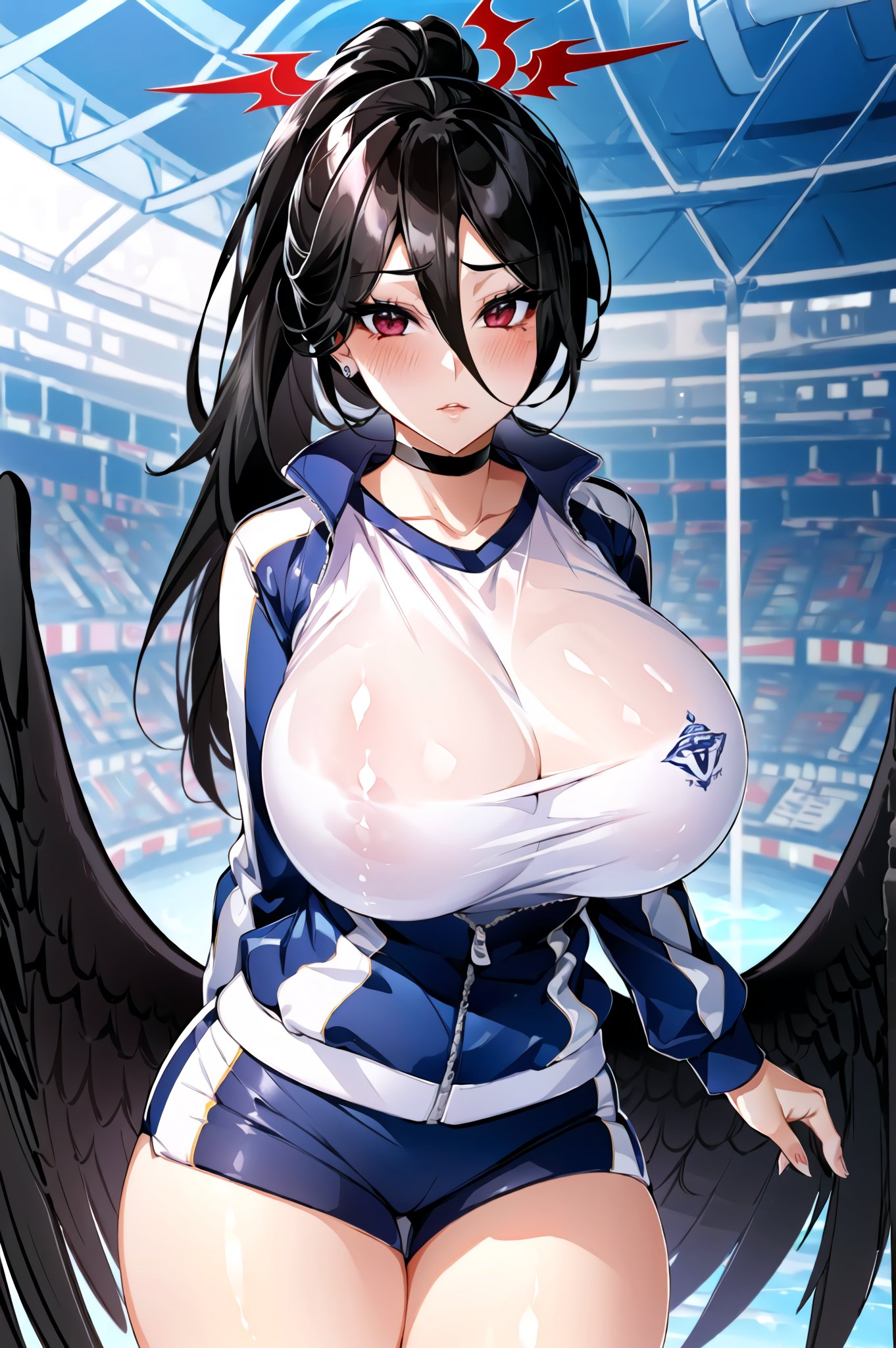 1girls, 2023, ai generated, anime nose, black hair, blue archive, breasts, clothed female, female, female focus, female only, hasumi (blue archive), hasumi (gym uniform) (blue archive), hi res, huge breasts, justice task force (blue archive), long hair, red eyes, solo female, solo focus, stable diffusion, trinity general school student, voluptuous, voluptuous female