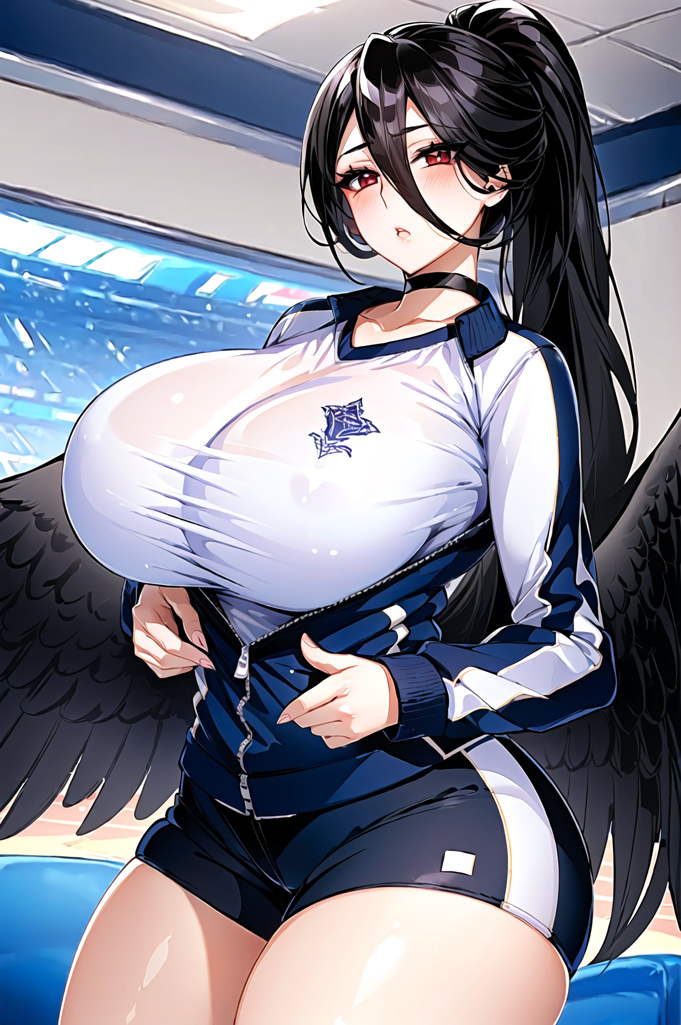 1girls, 2023, ai generated, black hair, blue archive, breasts, clothed female, curvaceous, curvy female, curvy figure, female, female focus, female only, hasumi (blue archive), hasumi (gym uniform) (blue archive), huge breasts, justice task force (blue archive), ponytail, red eyes, solo female, solo focus, stable diffusion, trinity general school student, voluptuous, voluptuous female