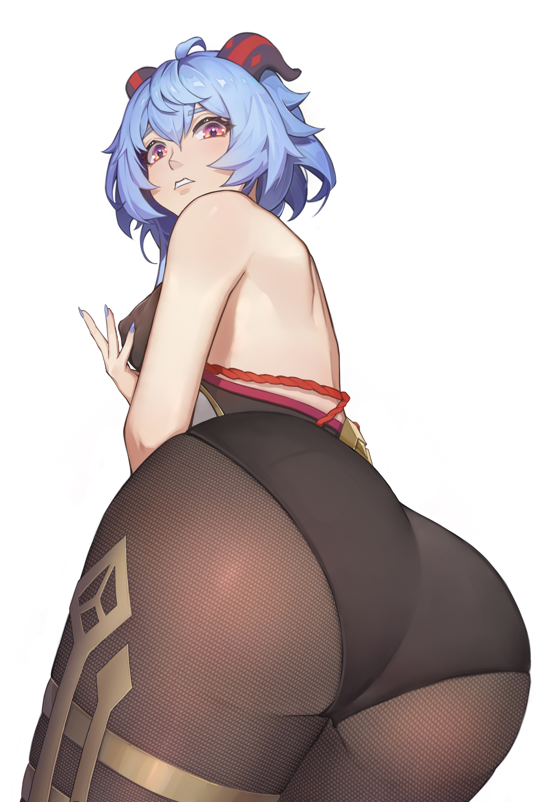 47erba, ahoge, ass, ass focus, bare shoulders, blue hair, blush, bodysuit, breasts, embarrassed, female, fingernails, from behind, from below, ganyu (genshin impact), genshin impact, goat horns, horns, huge ass, leotard, long hair, looking at viewer, looking down, medium breasts, nail polish, pantyhose, parted lips, red eyes, sharp fingernails, sideboob, solo, white background