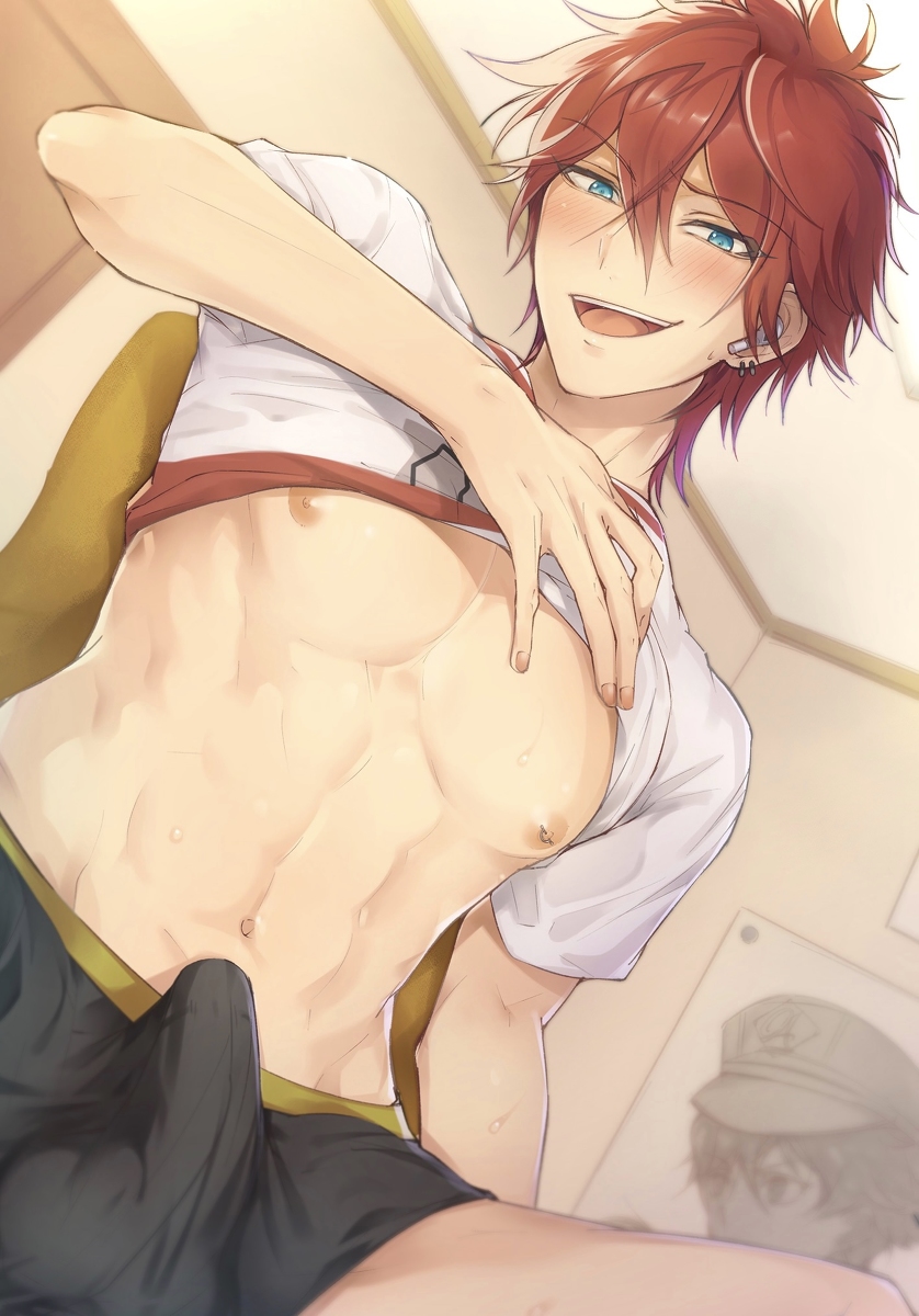 1boy artist_request balls_outline balls_under_clothes blush bulge bulge_through_clothing ensemble_stars! exposed_nipples looking_at_viewer male male_only nipples partially_clothed pecs rinne_amagi shirt_lift sitting smirk smug tagme