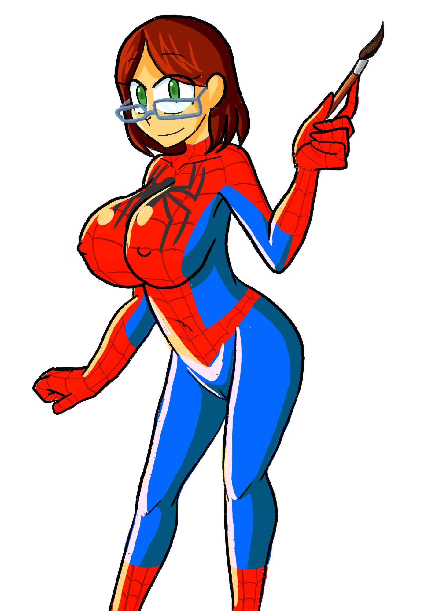 1girls alma_garcia bodypaint breasts brown_hair female female_only glasses luz_del_alma_tejeda_garcía marvel nairod103098 navel nipples nude nude_female oc original_character paintbrush painted_clothes pussy short_hair solo spider-man_(cosplay)