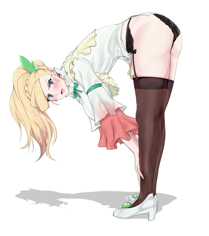 absurdres ass big_breasts black_panties black_thighhighs blonde_hair blue_eyes blush bow breasts commentary darkness_(konosuba) embarrassed english_commentary female full_body green_bow hair_ornament hands_on_own_legs hanging_breasts high_heels highres kono_subarashii_sekai_ni_shukufuku_wo! large_breasts legs long_hair long_sleeves looking_at_viewer open_mouth panties ponytail reofenja shirt solo standing thighhighs underwear white_background white_footwear white_shirt