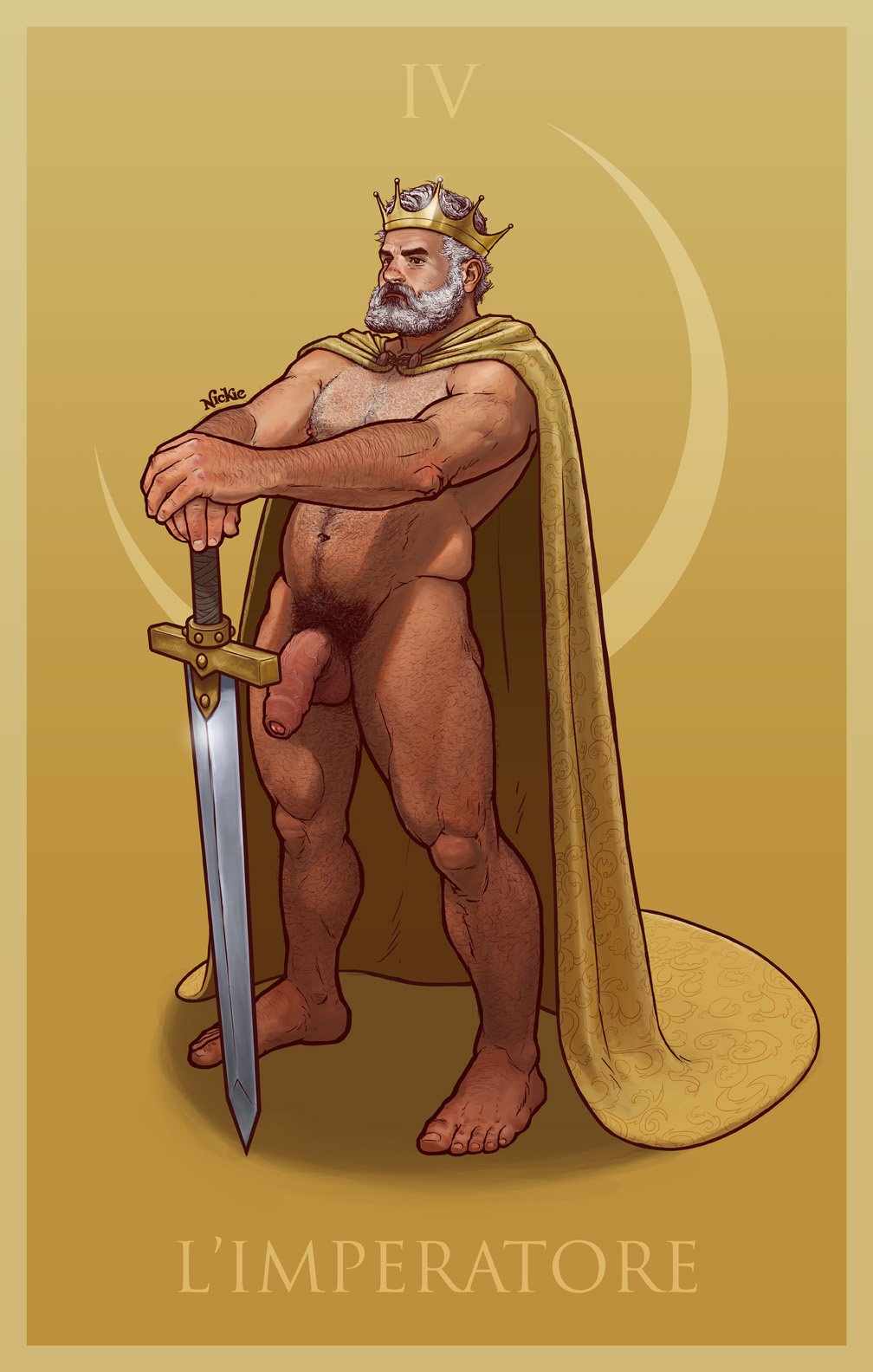 1boy balls beard cape cape_only crown daddy facial_hair hairy human male male_only nickie_charles penis solo solo_male standing sword