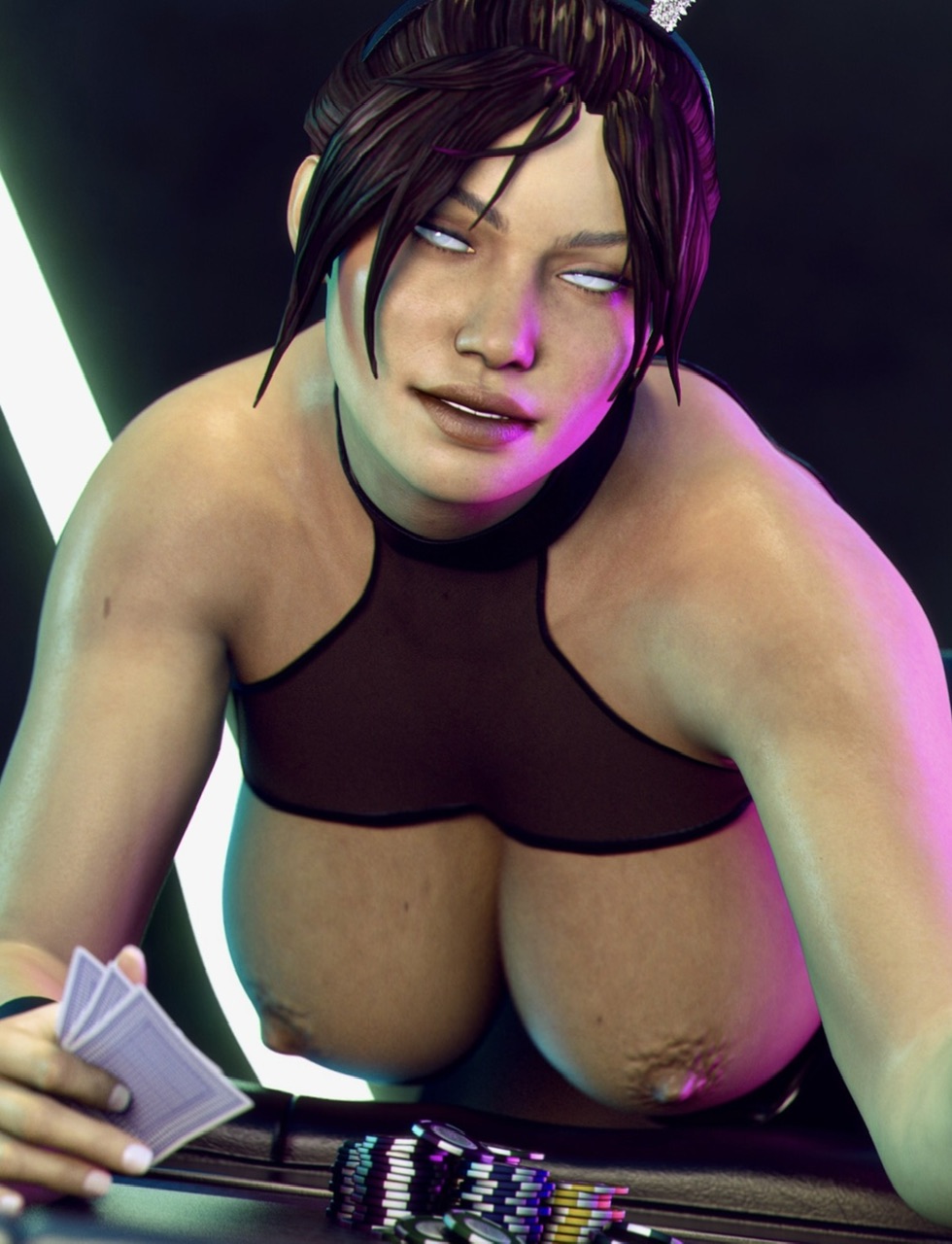 apex_legends bare_shoulders big_breasts black_hair blank_eyes dark_hair erect_nipples female female_focus glands_of_montgomery milapone nipples playing_cards poker_chip poker_table shoulders solo white_eyes white_nail_polish wraith_(apex_legends)