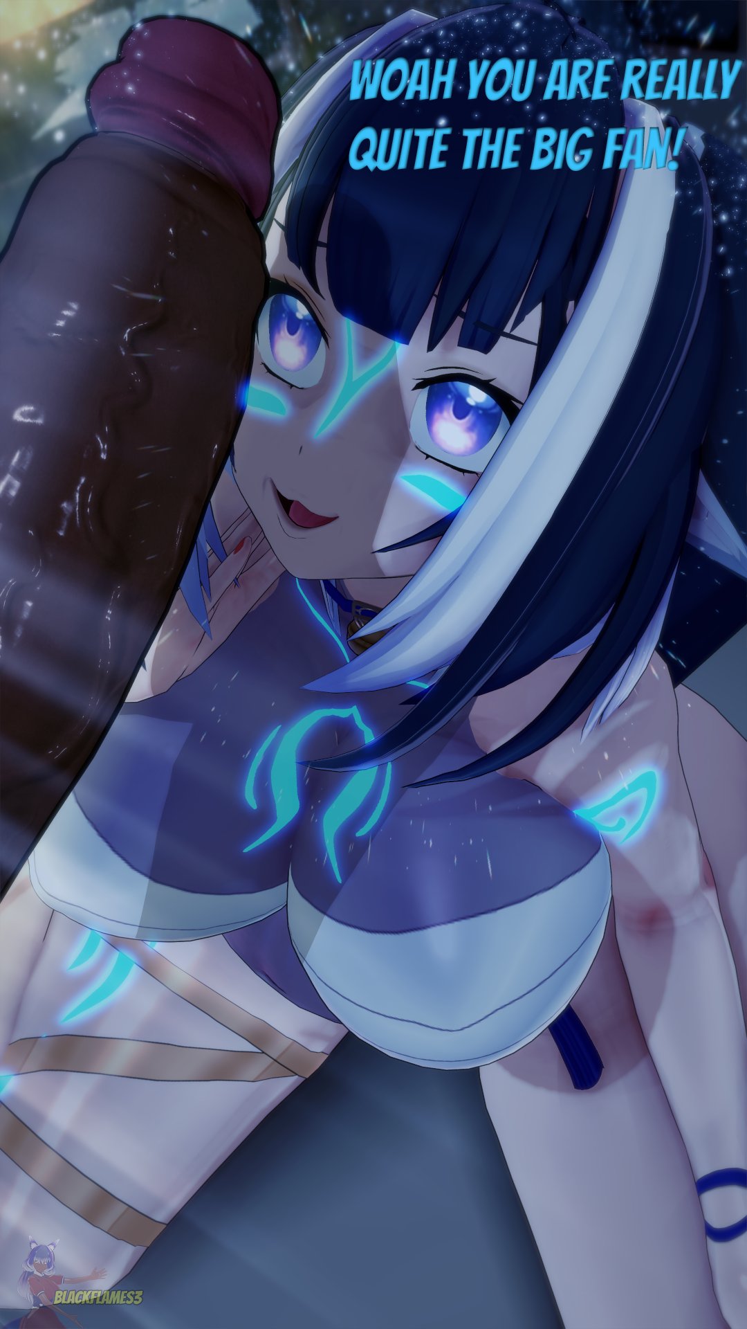 1boy, 1girls, 3d, blackflames3, clothed, clothing, dark skin, dark-skinned male, english text, female, huge cock, indie virtual youtuber, light skin, light-skinned female, looking at penis, male, penis, penis awe, shylily, text, virtual youtuber