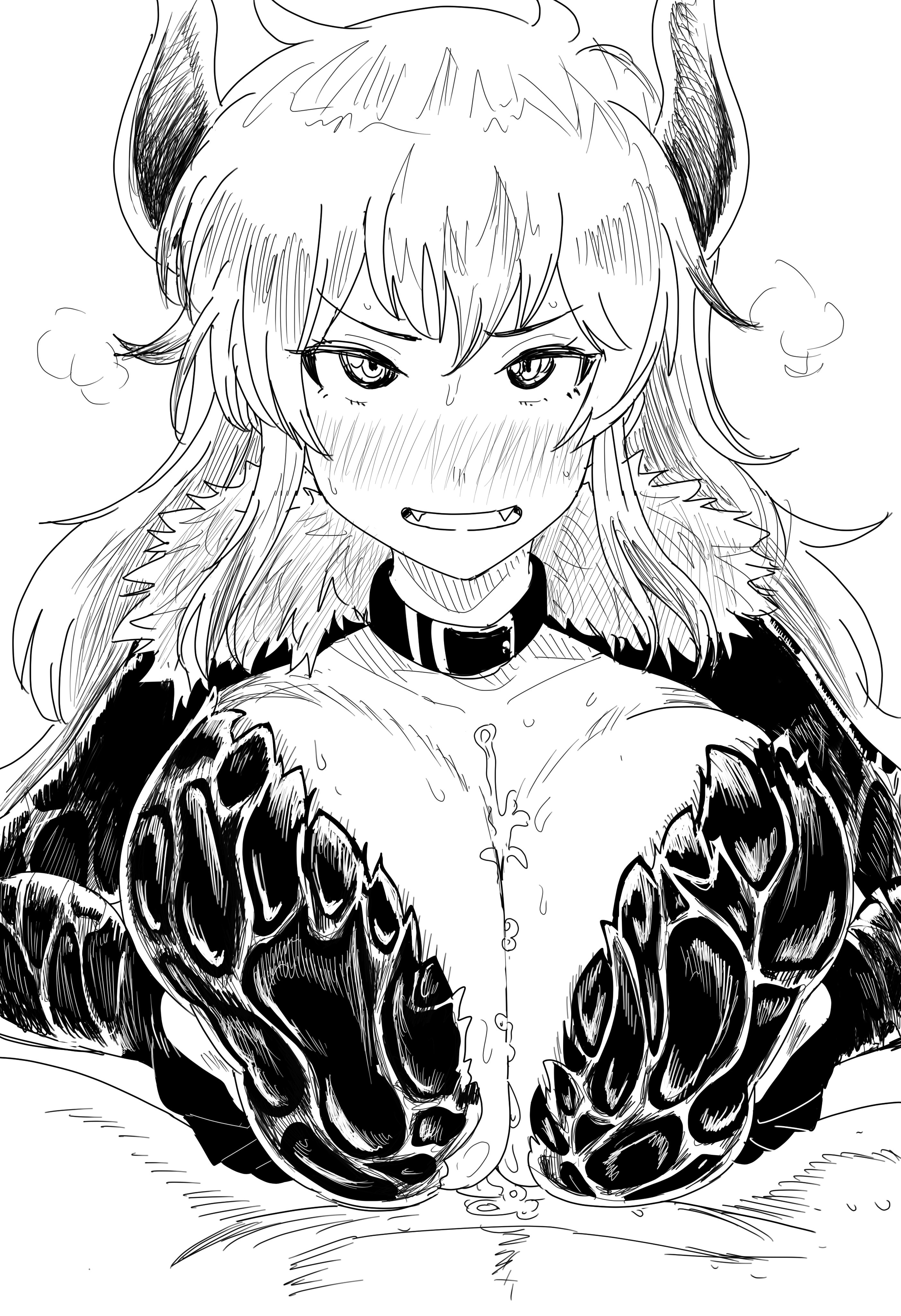 1boy, 1girls, alternate breast size, bangs, big breasts, blush, breast hold, breasts, breasts squeezed together, choker, cleavage, cum, cum between breasts, dola (nijisanji), dragon girl, dragon horns, ejaculation between breasts, engulfing paizuri, fangs, female, happy, happy paizuri, happy sex, highres, horns, huge breasts, kaiman garupan, large breasts, long hair, looking at viewer, male, monochrome, monster girl, nijisanji, no color, open mouth, open smile, paizuri, paizuri lead by female, paizuri on lap, pov, pov eye contact, pov paizuri, smile, solo focus, straight, virtual youtuber