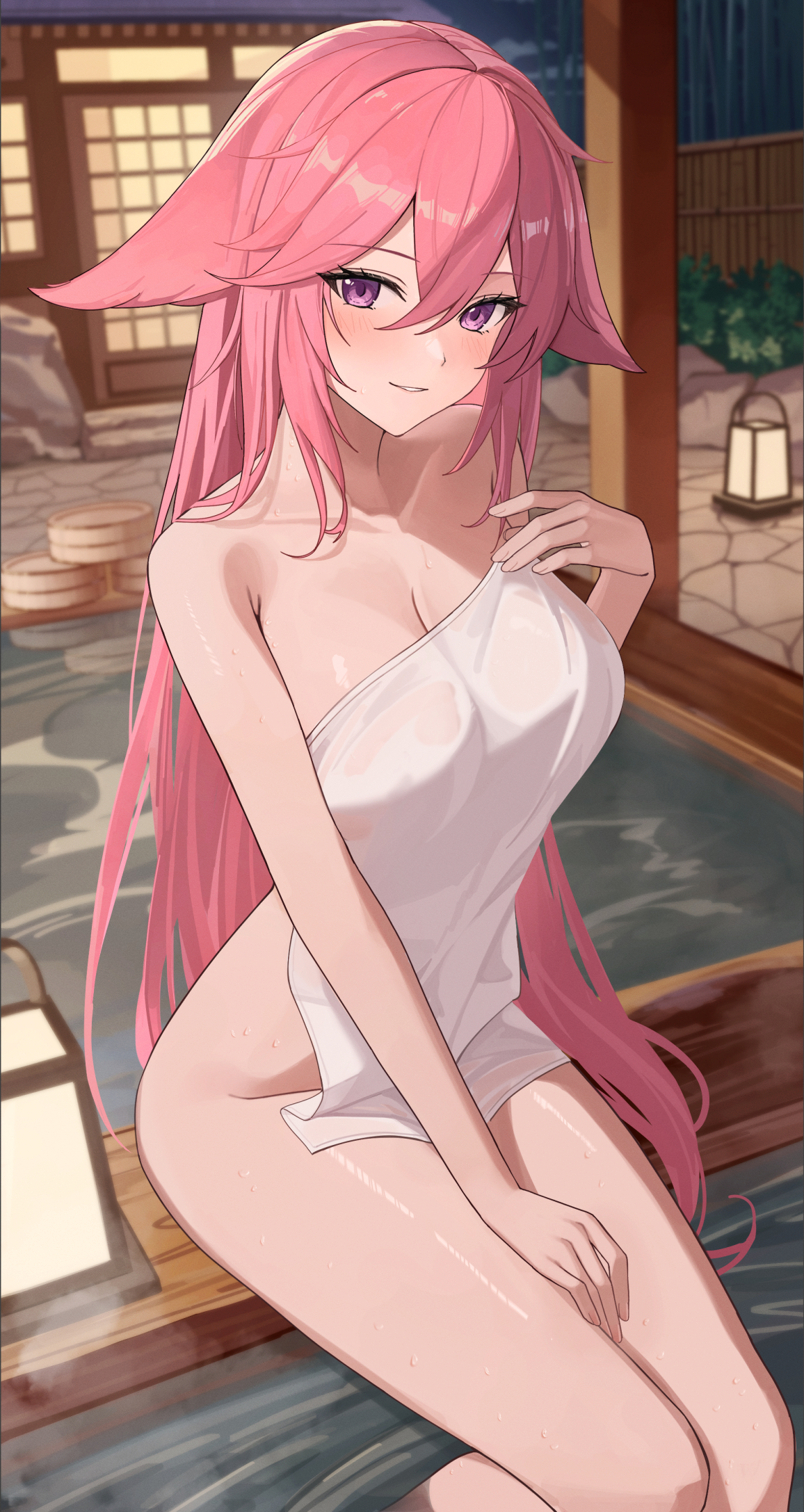 animal ears, bamboo fence, blush, bucket, cleavage, covering, female, fence, floppy ears, fox ears, genshin impact, highres, jumonji, long hair, mihoyo, naked towel, nude, onsen, partially submerged, pink fur, pink hair, purple eyes, rock, smile, solo, steam, towel, very long hair, water, wet, wet towel, wooden bucket, yae miko