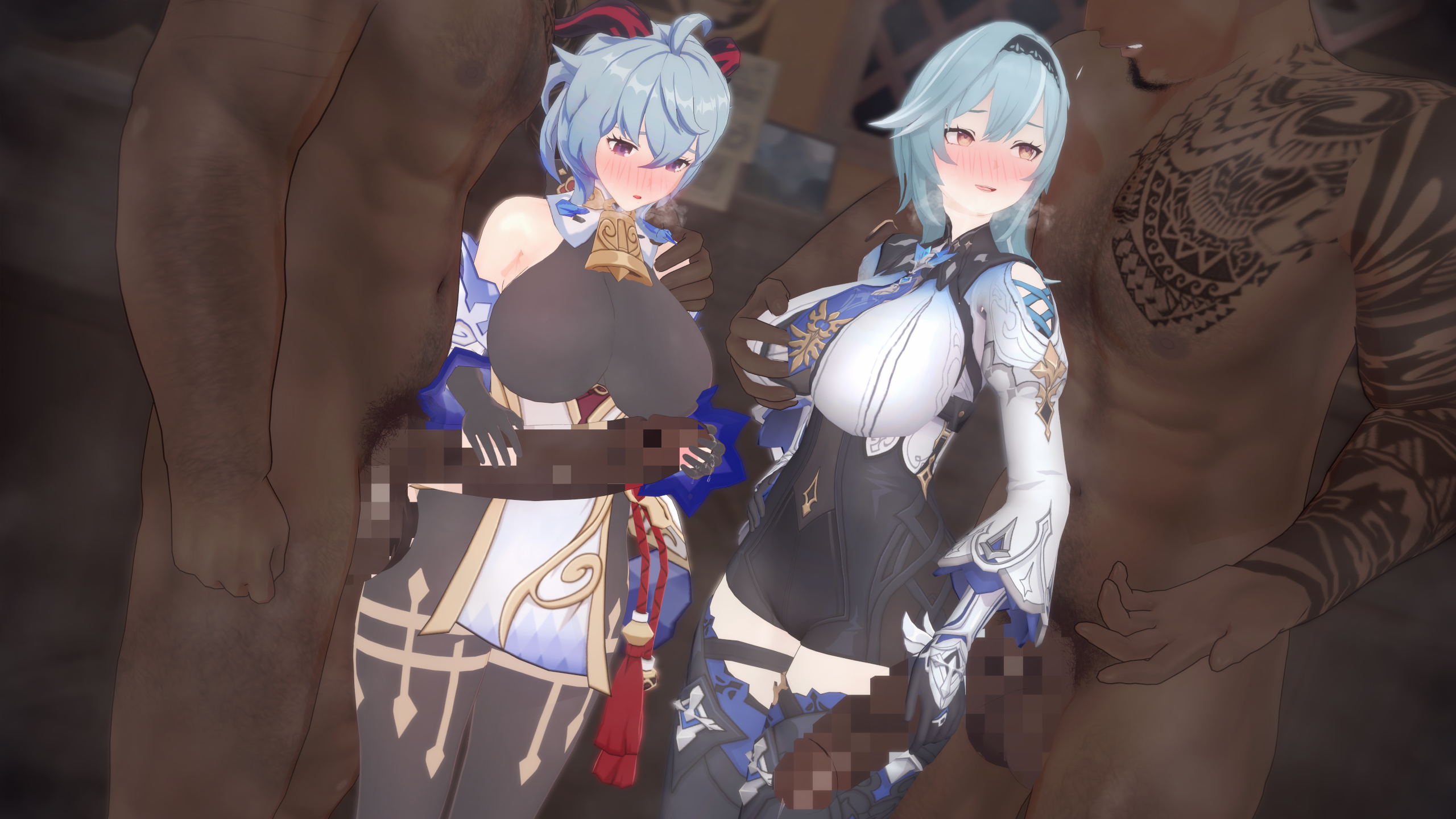 2boys, 2girls, 3d, blue hair, blush, censored, clothed female nude male, dark skin, dark-skinned male, eula (genshin impact), female, ffmm foursome, foursome, ganyu (genshin impact), genshin impact, gloves, group sex, horns, huge cock, indoors, light skin, light-skinned female, looking at partner, looking at penis, male, mosaic censoring, muscular, muscular male, nose blush, penis, penis awe, tachumi, tattoo