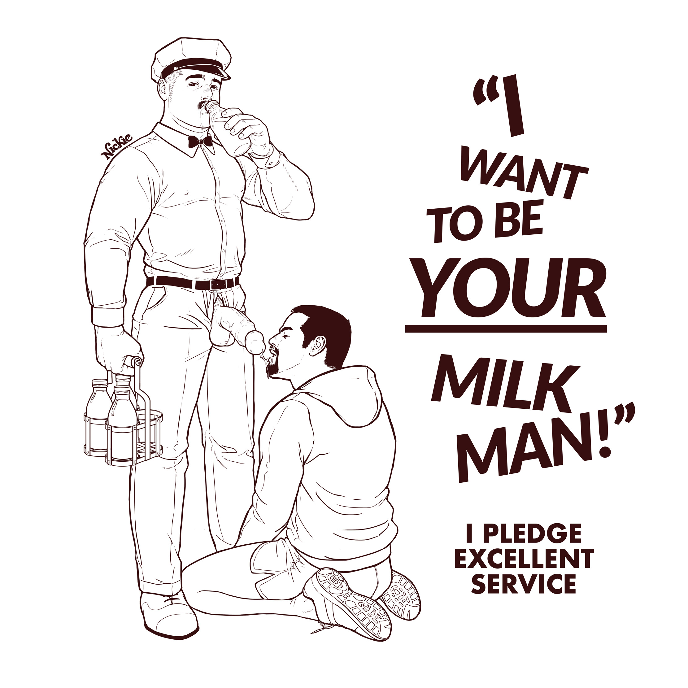 balls, bara, beard, boner, cum, cum in mouth, drinking, erection, facial hair, fully clothed, gay, human, male, male only, milk, milk bottle, milkman, monochrome, moustache, nickie charles, on knees, penis, penis out, penis through fly, yaoi