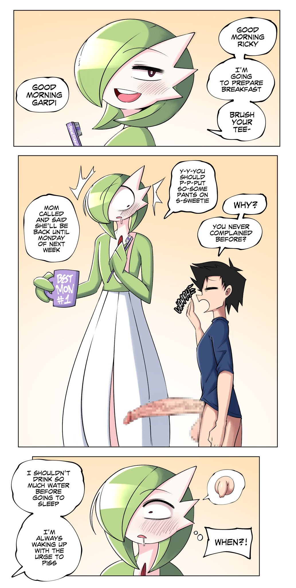 1boy 1girls anthro balls blush censored cock_shock comedy comic_page dialogue english_text erection female female_pokemon flat_chest funny gardevoir green_hair grower_not_a_shower hair_over_one_eye height_difference huge_cock human_male humor larger_female male morning_wood nintendo no_breasts penis penis_awe pokémon_(species) pokemon pokemon_(species) red_eyes saltyxodium short_hair shorter_male size_difference small_breasts small_but_hung smaller_male tagme taller_female taller_girl text