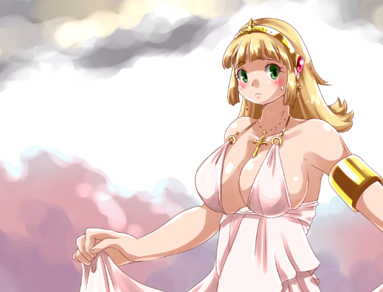 big_breasts blonde_hair blue_guardian_margaret blush breasts cleavage clothed collarbone cute earrings female foxeye_(artist) game_cg green_eyes hair_ornament hairband jewelry margaret_(blue_guardian_margaret) nervous sweatdrop white_dress