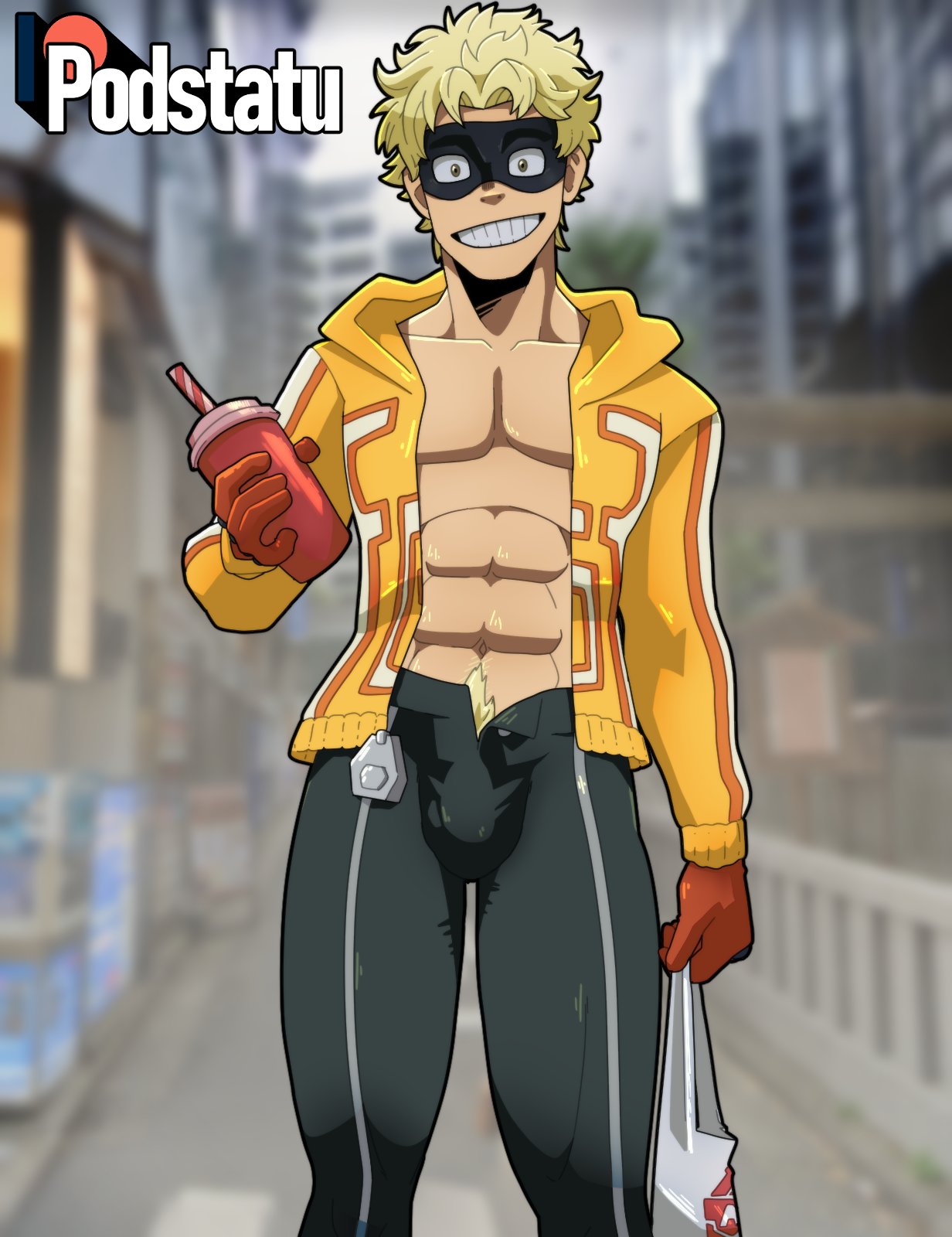 big_bulge big_pecs big_smile casual_exposure drink drinking_straw fatgum gloves hero hero_outfit_(mha) leather leather_pants male male_only mask masked masked_male muscular muscular_male my_hero_academia open_jacket outdoors outside patreon podstatu pubes_exposed pubic_hair public_exposure shopping_bag smile street taishiro_toyomitsu toyomitsu_taishirou unbuttoned unbuttoned_pants yaoi