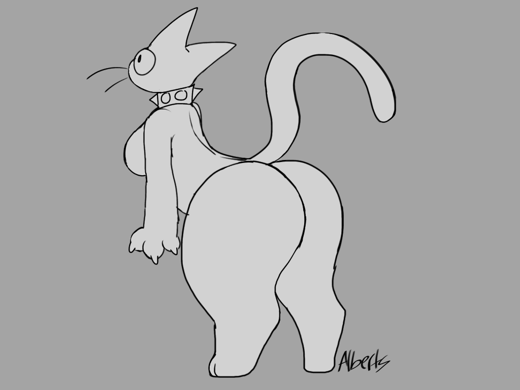 anthro ass big_ass feline mao_mao_(character) mao_maoz_(artist) monochrome spiked_collar