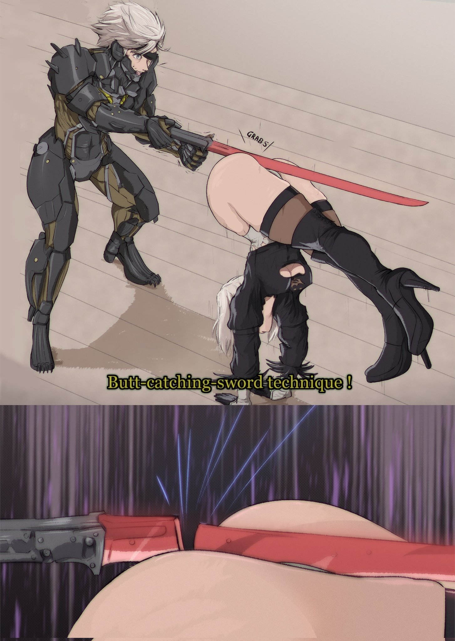 1boy, 1girls, ass, ass focus, big ass, bubble ass, bubble butt, dengeki oshioki musume gootaman, english text, female, funny, male, meme, metal gear, metal gear rising, nier (series), nier: automata, presenting hindquarters, raiden (metal gear), yoracrab, yorha 2b