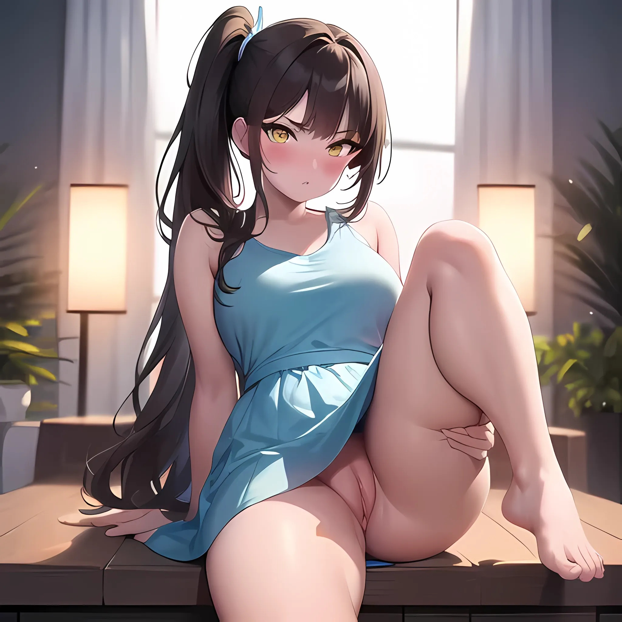 1girls, ai generated, angry, blue dress, blush, brown hair, female, female only, grief (series), legs up, night, no panties, partially clothed, ponytail, pussy, rita fujimori, thick thighs, upskirt, yellow eyes