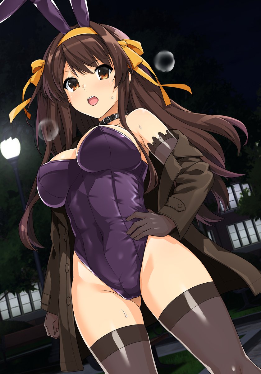 1girls, breasts, brown eyes, brown hair, bunny ears, bunnysuit, clothing, female, female only, hand on hip, haruhisky, long hair, looking at viewer, medium breasts, stockings, suzumiya haruhi, suzumiya haruhi no yuuutsu, sweat, thighhighs