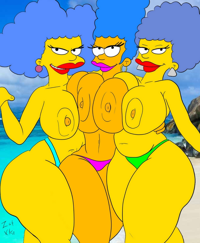 beach big_breasts bikini colored half_naked large_hips lipstick marge_simpson patty_bouvier pink_lipstick red_lipstick selma_bouvier tagme the_simpsons yellow_body yellow_skin zst_xkn