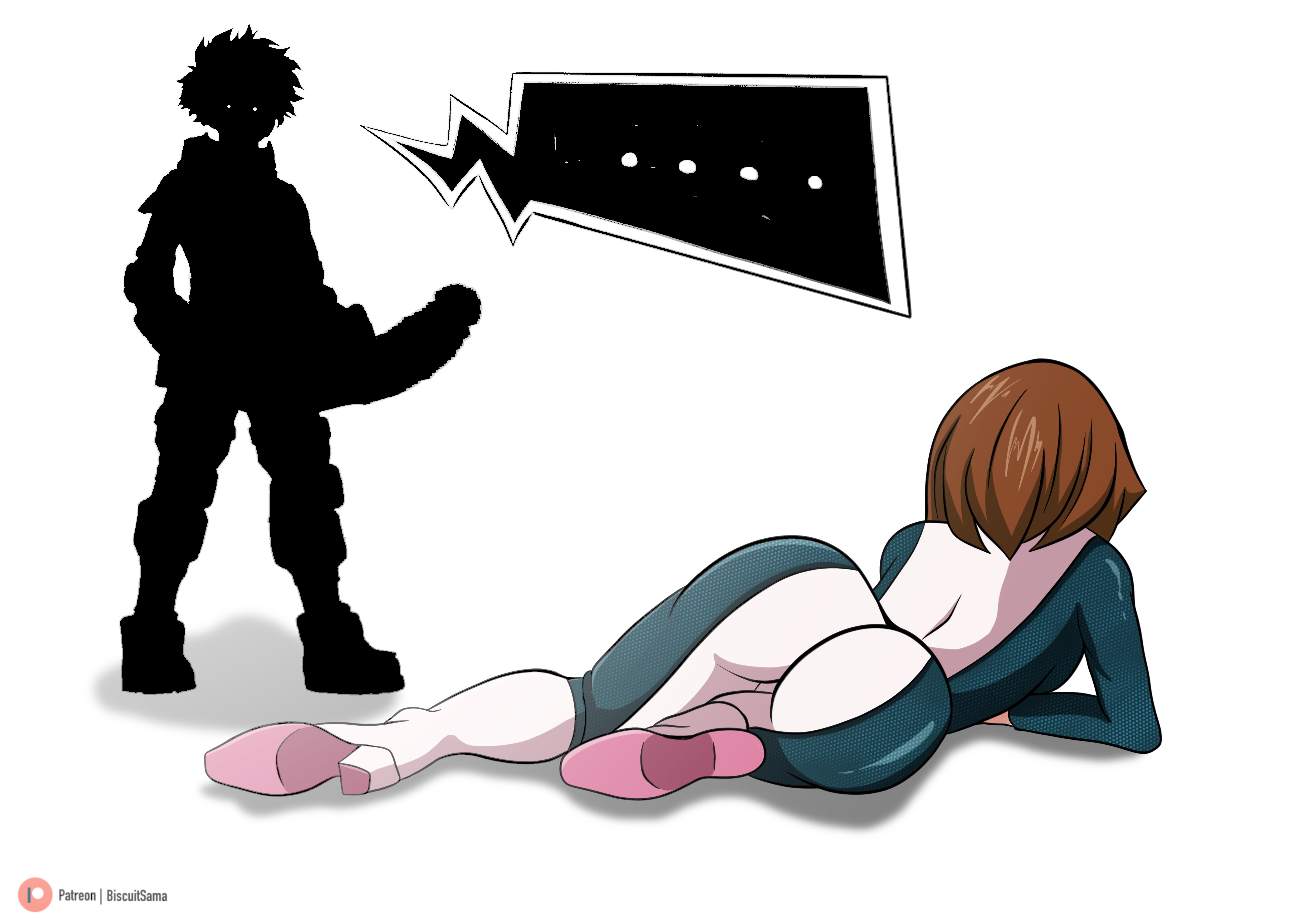 1boy, 1girls, 2d, ass, big ass, big butt, big penis, biscuitsama, edit, female, hero outfit (mha), izuku midoriya, jpeg artifacts, laying down, male, midoriya izuku, my hero academia, ochako uraraka, ochako uraraka (hero outfit), outside, penis, silhouette, tight clothing, tight fit, traced, uraraka ochako