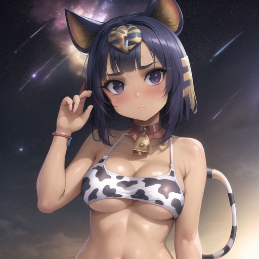 1girls 2021 ai_generated animal_crossing animal_ears animal_print ankha ankha_(animal_crossing) aurora_borealis bangs bare_shoulders bell blush bracelet breasts collar constellation cow_ears cow_girl cow_horns cow_print cowbell earth female female_only fireworks galaxy horns light_particles looking_at_viewer medium_breasts milky_way navel neck_bell night night_sky nintendo planet print_gloves purple_eyes shooting_star short_hair sky solo space star starry_background starry_sky starry_sky_print tail tiger_stripes year_of_the_ox