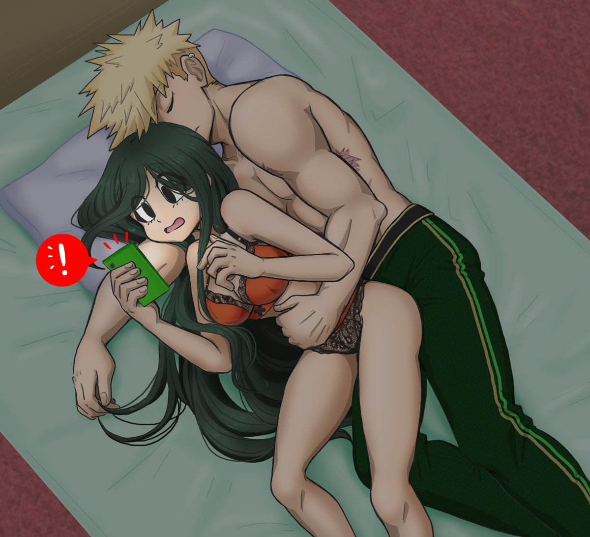 1boy 1boy1girl 1girls ass_on_crotch blonde_hair cuddling female green_hair hand_on_belly hand_on_stomach head_on_arm holding_waist katsuki_bakugou lace-trimmed_panties lace_panties liliethblum lingerie lingerie_only long_hair looking_at_phone lying_on_side male male/female muscular muscular_male my_hero_academia on_bed on_side panties petite petite_body petite_female phone romantic see-through_panties shirtless shirtless_male sleeping smartphone spiky_hair spoon_position spooning straight surprised surprised_expression tsuyu_asui underwear