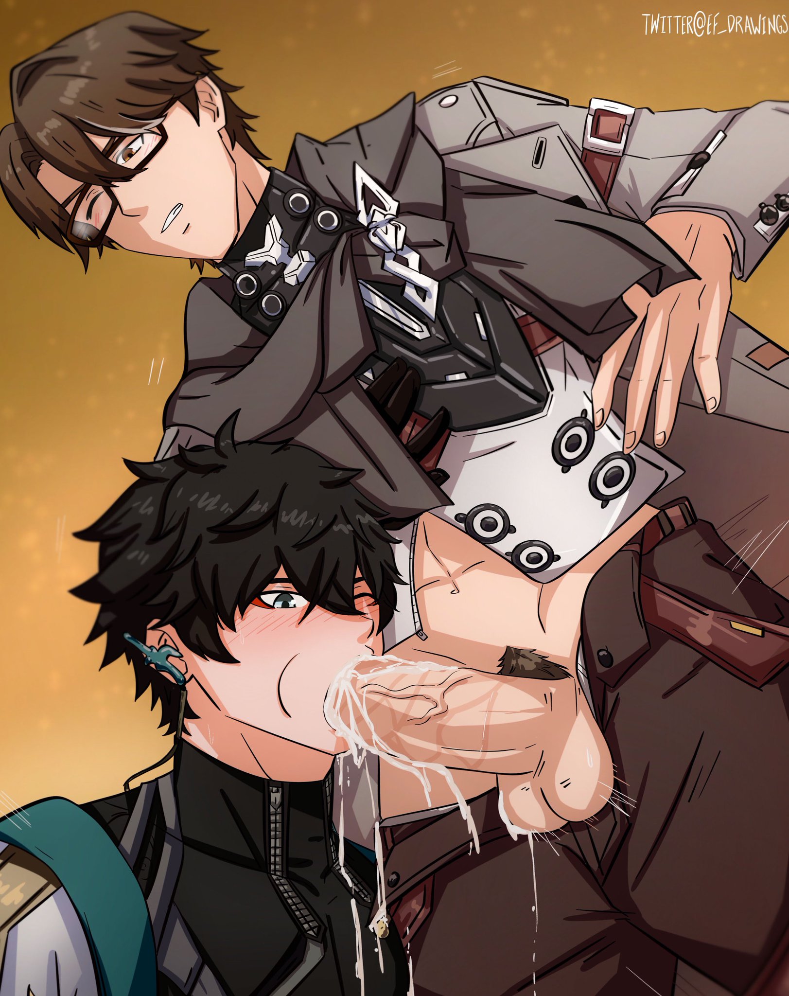 2boys, biceps, blowjob, blowjob face, boner, dan heng, dan heng (honkai: star rail), ef drawings, erect penis, erection, gay, gay sex, hard on, honkai (series), honkai: star rail, male, male only, oral, oral sex, pants down, penis, penis in mouth, penis out, pleasure face, unzipped pants, welt yang (honkai: star rail), yaoi