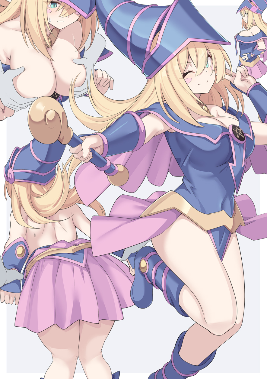 ;), bare back, blonde hair, blue headwear, blush stickers, breasts, cleavage, closed mouth, dark magician girl, duel monster, female, grabbing, grabbing another's breast, grabbing from behind, green eyes, grey background, hat, highres, large breasts, long hair, magical girl, multiple views, one eye closed, shiseki hirame, simple background, smile, standing, standing on one leg, thighs, wizard hat, yu-gi-oh!, yu-gi-oh! duel monsters
