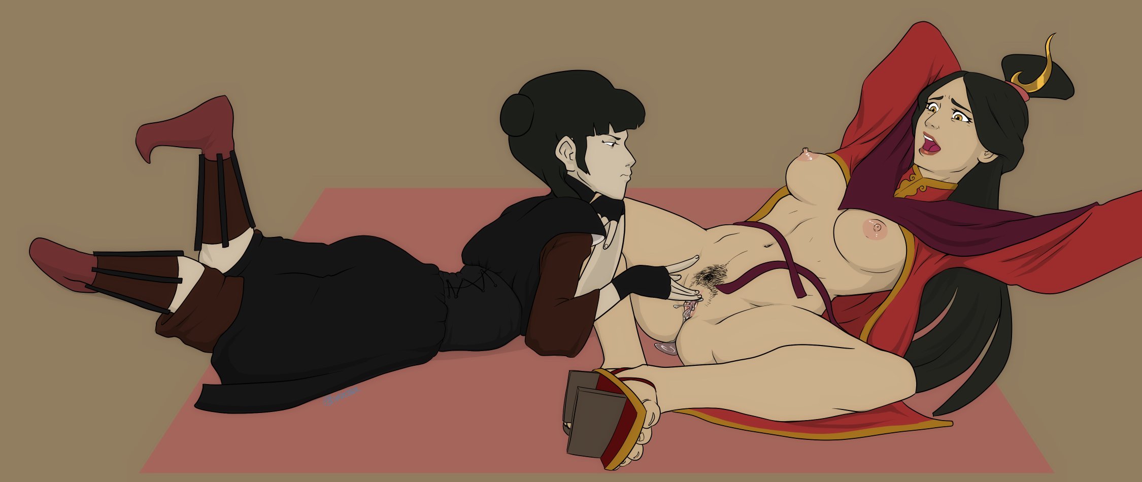 2girls, age difference, avatar the last airbender, bored expression, bottomless, breasts, cheating wife, clitoral stimulation, clitoris, clothed female nude female, female, female only, fingering, fire nation, fire nation clothing, full body, fully clothed, lying on back, lying on stomach, mai (avatar), married female, milf, multiple females, multiple girls, older female and younger female, open robe, perky breasts, playing with clit, pleasure face, pubic hair, pussy, pussy juice, pussy juice drip, pussy juice puddle, queen, rubbing clitoris, rubbing pussy, sandals, squirting, teenager, undrsydr, ursa (avatar), wet pussy, yuri