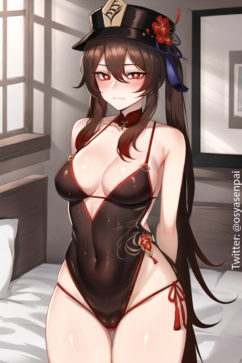 1girls, ai generated, breasts, brown hair, female, female only, genshin impact, hat, hu tao (genshin impact), long hair, looking at viewer, medium breasts, mihoyo, osyasenpai, red eyes, solo, solo female, stable diffusion, star shaped pupils, thighs, tight clothing, very long hair