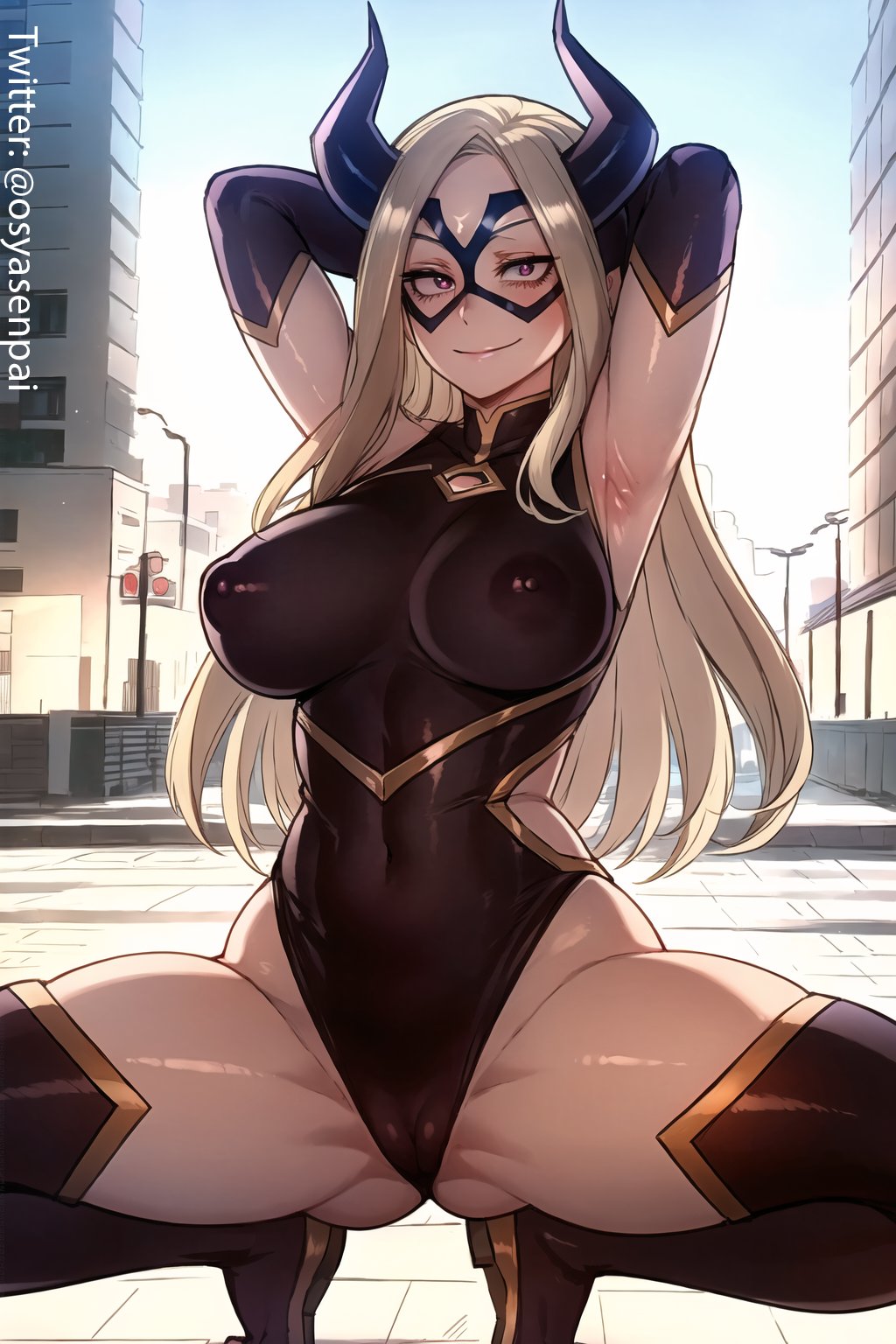 ai generated, arms behind head, arms up, ass, big breasts, blonde hair, breasts, female, hero outfit (mha), horns, long hair, looking at viewer, mask, mount lady, my hero academia, osyasenpai, purple eyes, smile, spread legs, squatting, stable diffusion, thick thighs, thighs, tight clothing, yuu takeyama