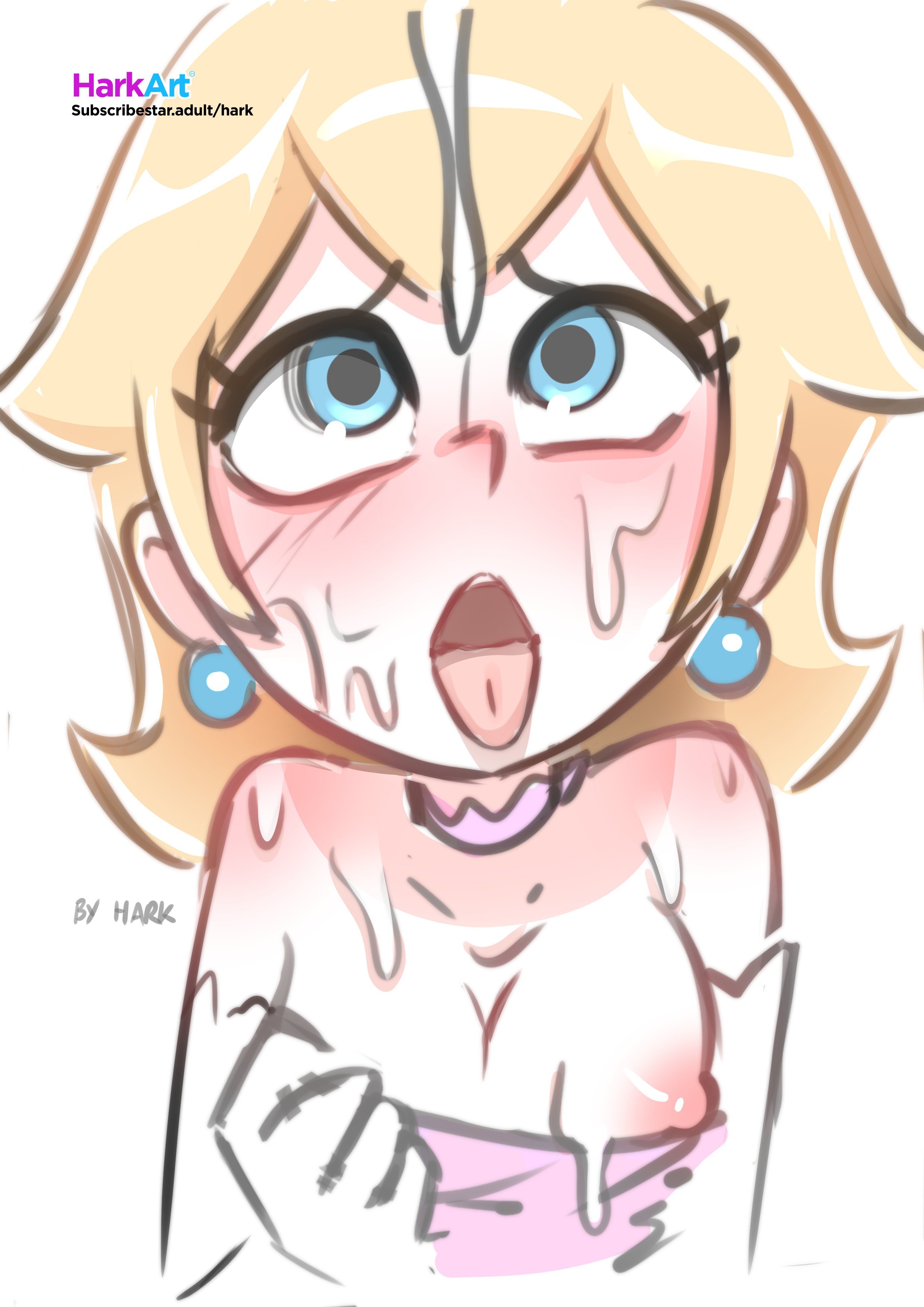 2023, blonde hair, blue eyes, blush, breasts, choker, cleavage, cum, cum on body, cum on breasts, cum on face, cum on hair, earrings, female, female only, gloves, harkart, mario (series), nintendo, nipple slip, nipples, pink dress, princess, princess peach, tongue, tongue out, white background