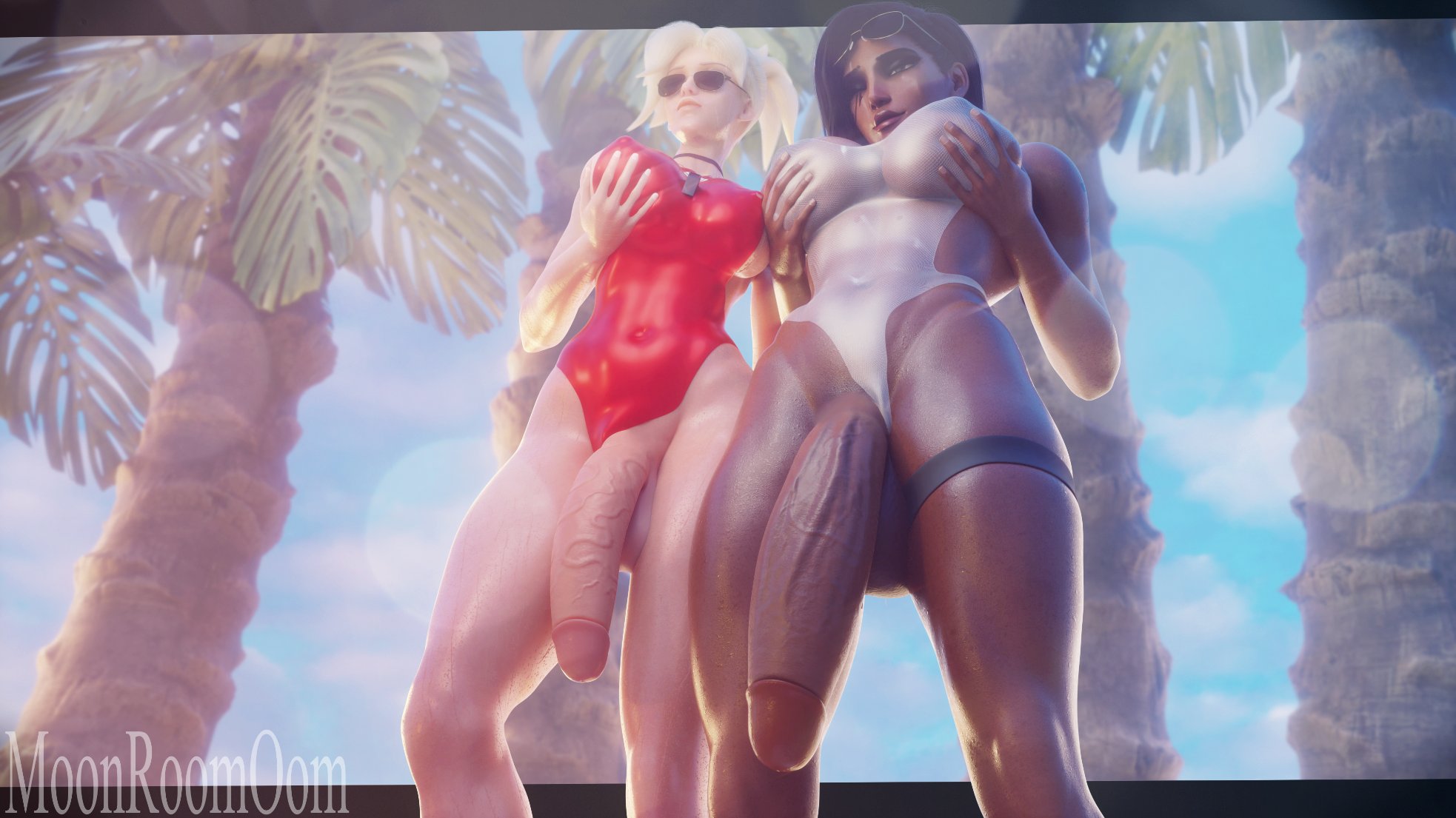 2futas, 3d, angela ziegler, blender, breasts, dark skin, dark-skinned futa, fareeha amari, futa only, futanari, huge breasts, huge cock, intersex, mercy, moonroomoom, overwatch, overwatch 2, penis, pharah, thick thighs, wide hips