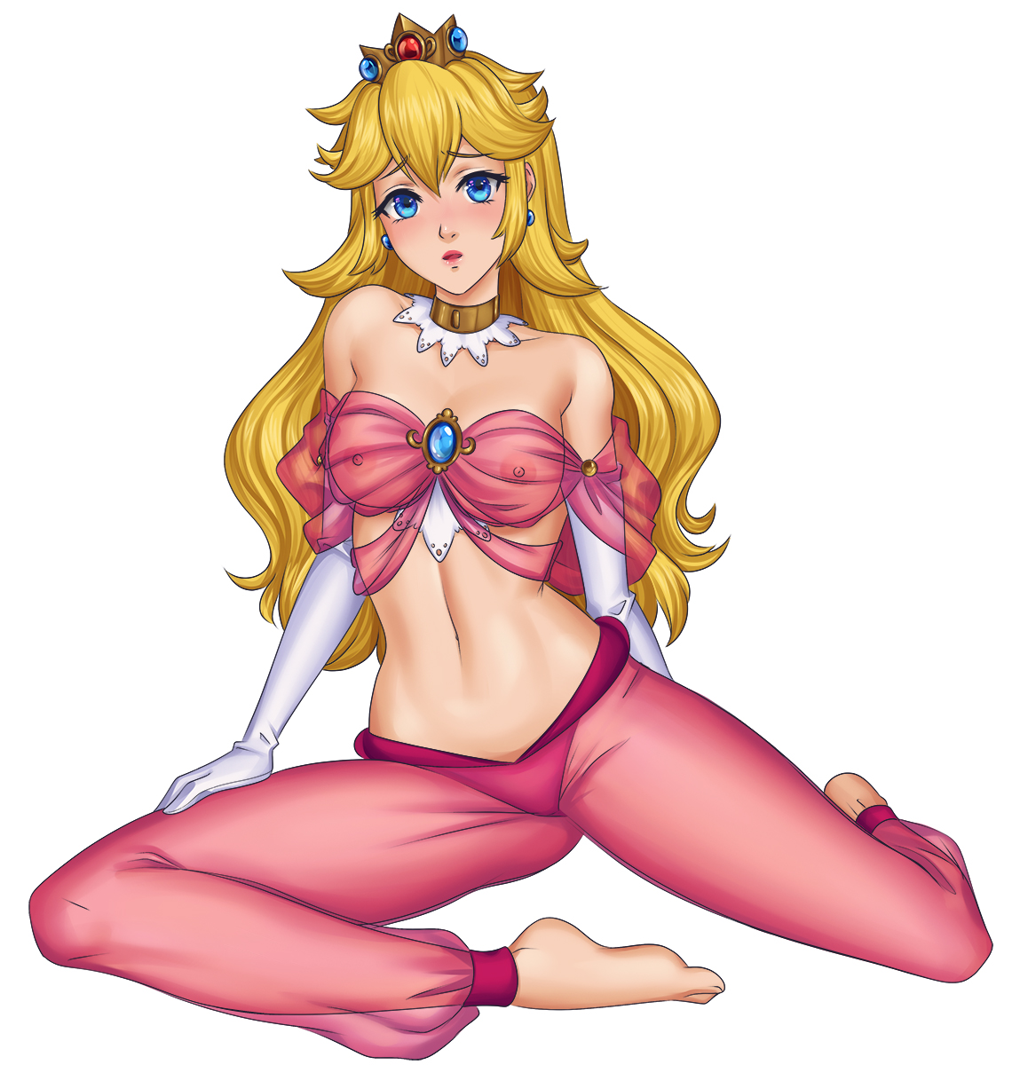 1girls, aerianr, barefoot, belly dancer, belly dancer outfit, blonde hair, blue eyes, breasts, crown, dancer, elbow gloves, enslaved royal, feet, female, female only, full body, gloves, harem girl, harem outfit, harem pants, large breasts, long hair, mario (series), midriff, navel, nintendo, nipples, nipples visible through clothing, princess peach, see-through, see-through clothing, simple background, sitting, slave, slave collar, slave girl, slave outfit, solo, white background