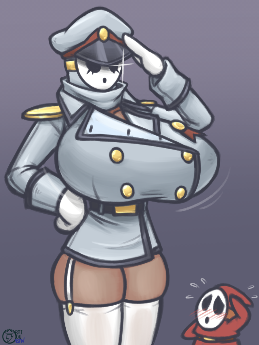 alternate_version_available blush blushing busty general_guy_(mario) huge_breasts mario_(series) military_hat military_uniform nintendo paper_mario raiounsfw salute saluting shy_gal shy_guy size_difference smaller_male sweat thick_thighs