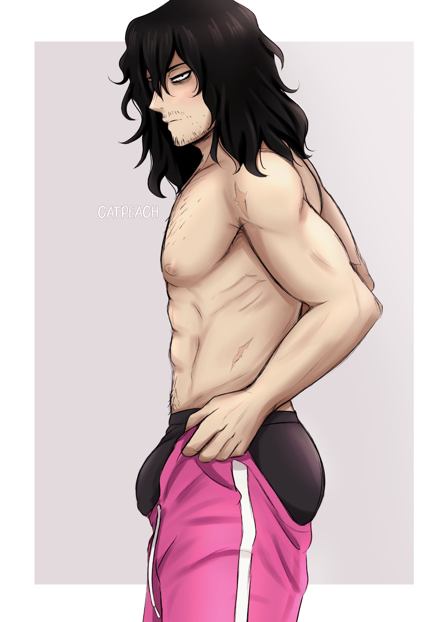 1boy, aizawa shouta, black hair, black underwear, boxers, bulge through clothing, catpeachie, eraserhead, male, male only, mature male, my hero academia, provocative, pulling up pants, shirtless, shouta aizawa, solo, tight clothing, tight fit, tight pants, tight pants (meme), topless male, underwear
